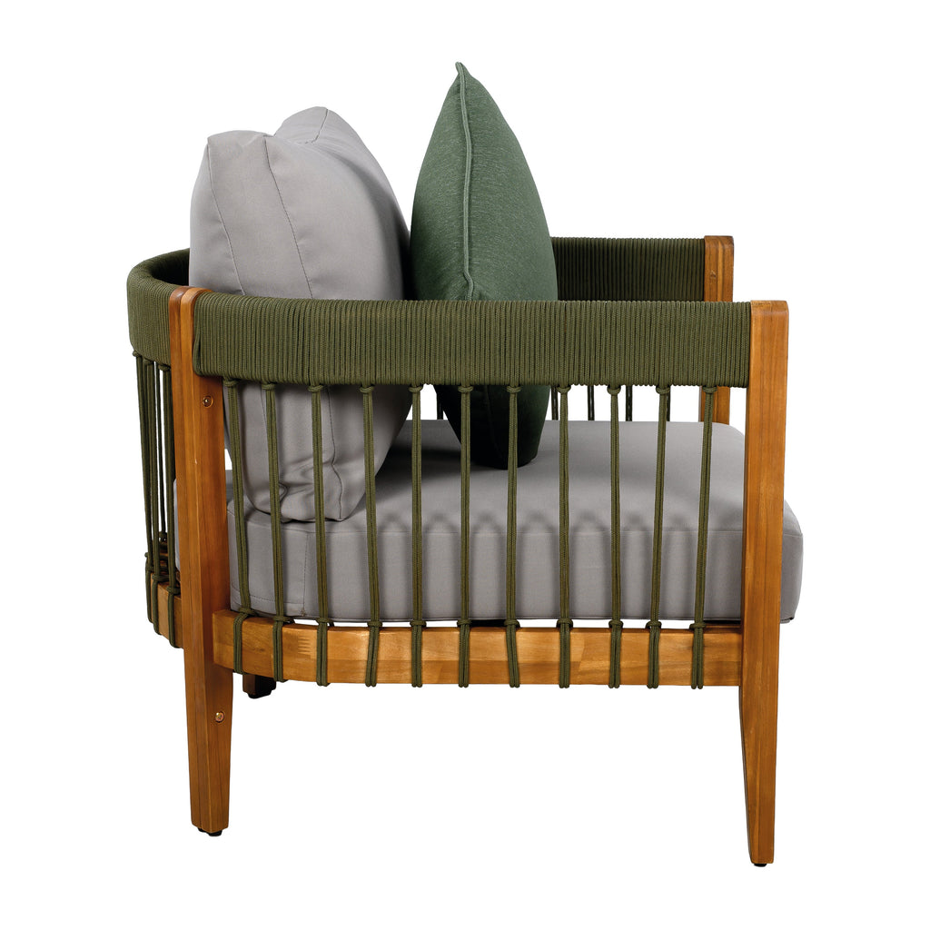 Azari Outdoor Acacia Wood Club Chair with Handwoven Rope Accents & Curved Backrest