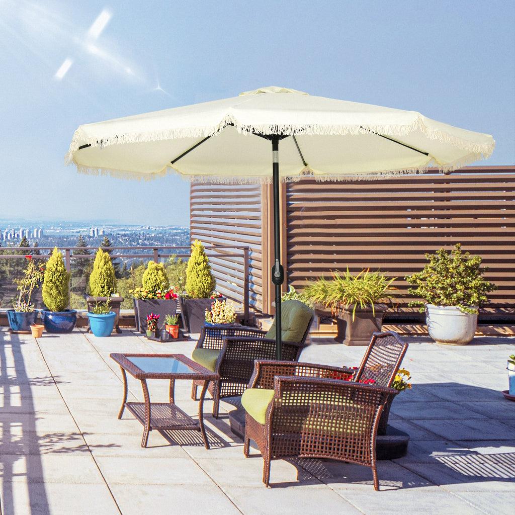 9' Fringe Edge Patio Umbrella with Push Button Tilt and Crank