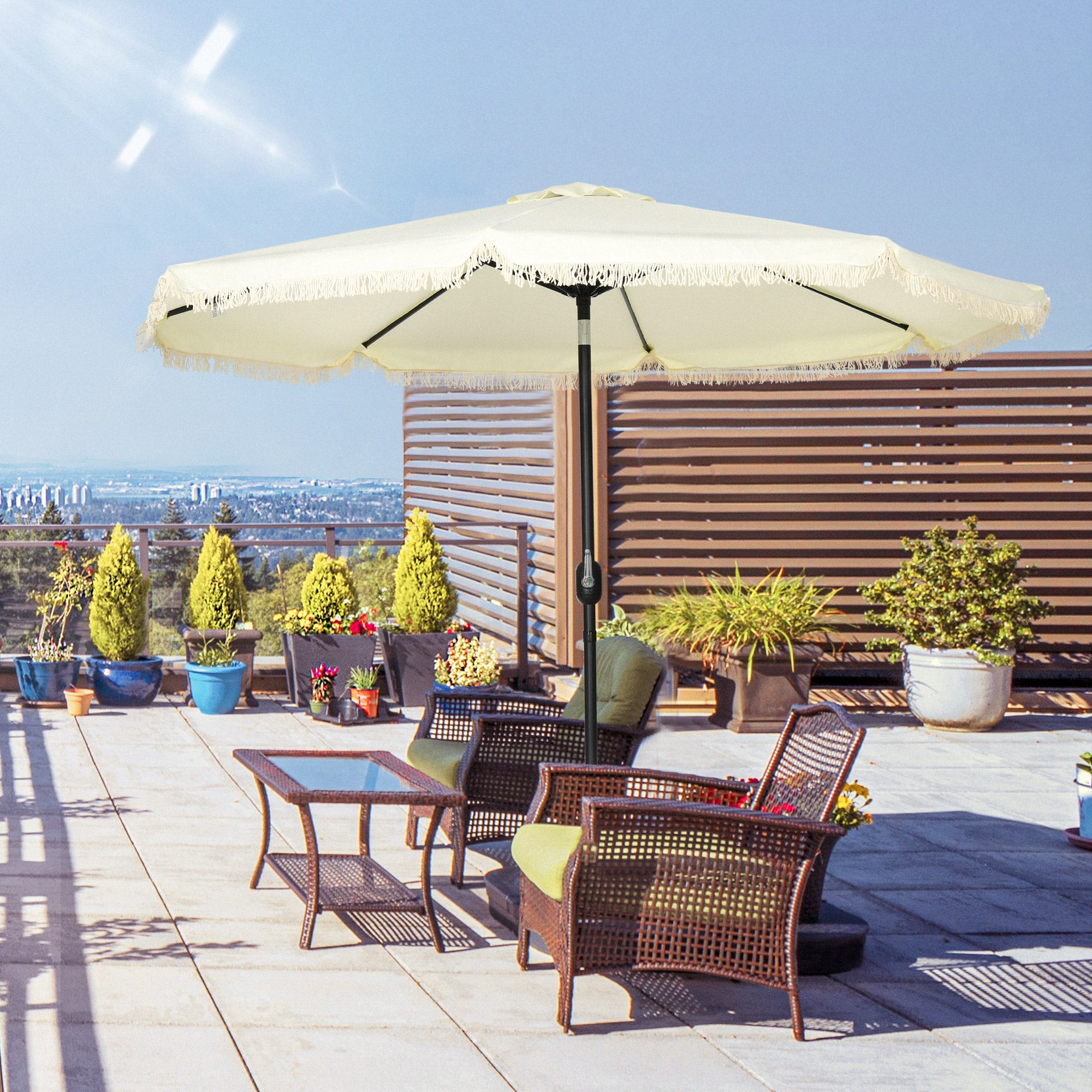 9' Fringe Edge Patio Umbrella with Push Button Tilt and Crank