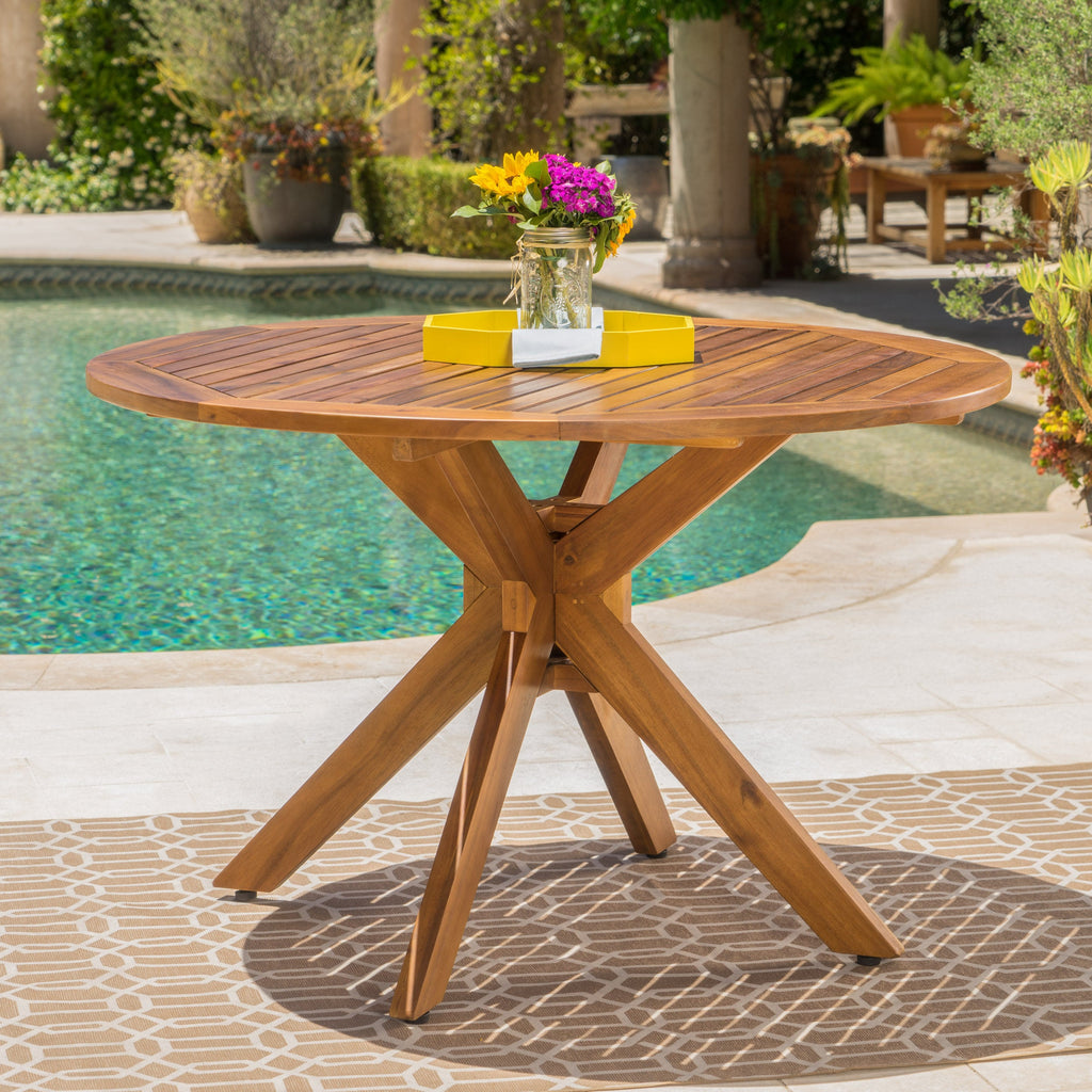 Stanford Outdoor Round Acacia Wood Dining Table with X Base