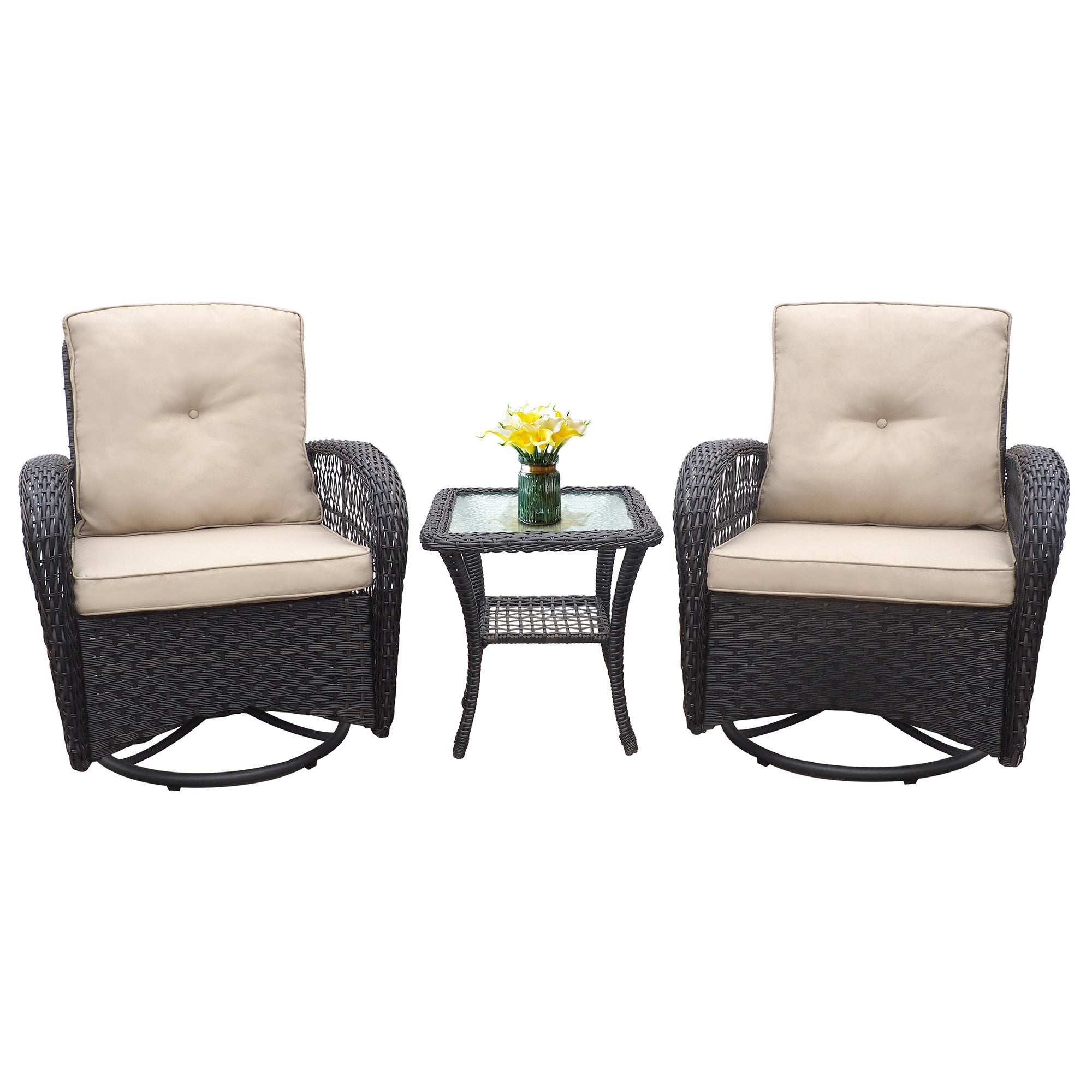 3 Piece Outdoor Wicker Rocker Swivel Conversation Set