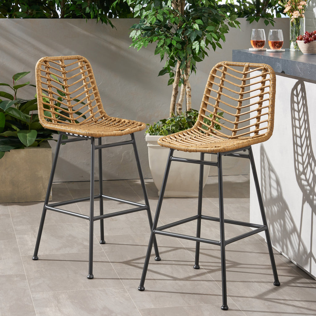 Sawtelle Outdoor Wicker Barstools, Set of 2