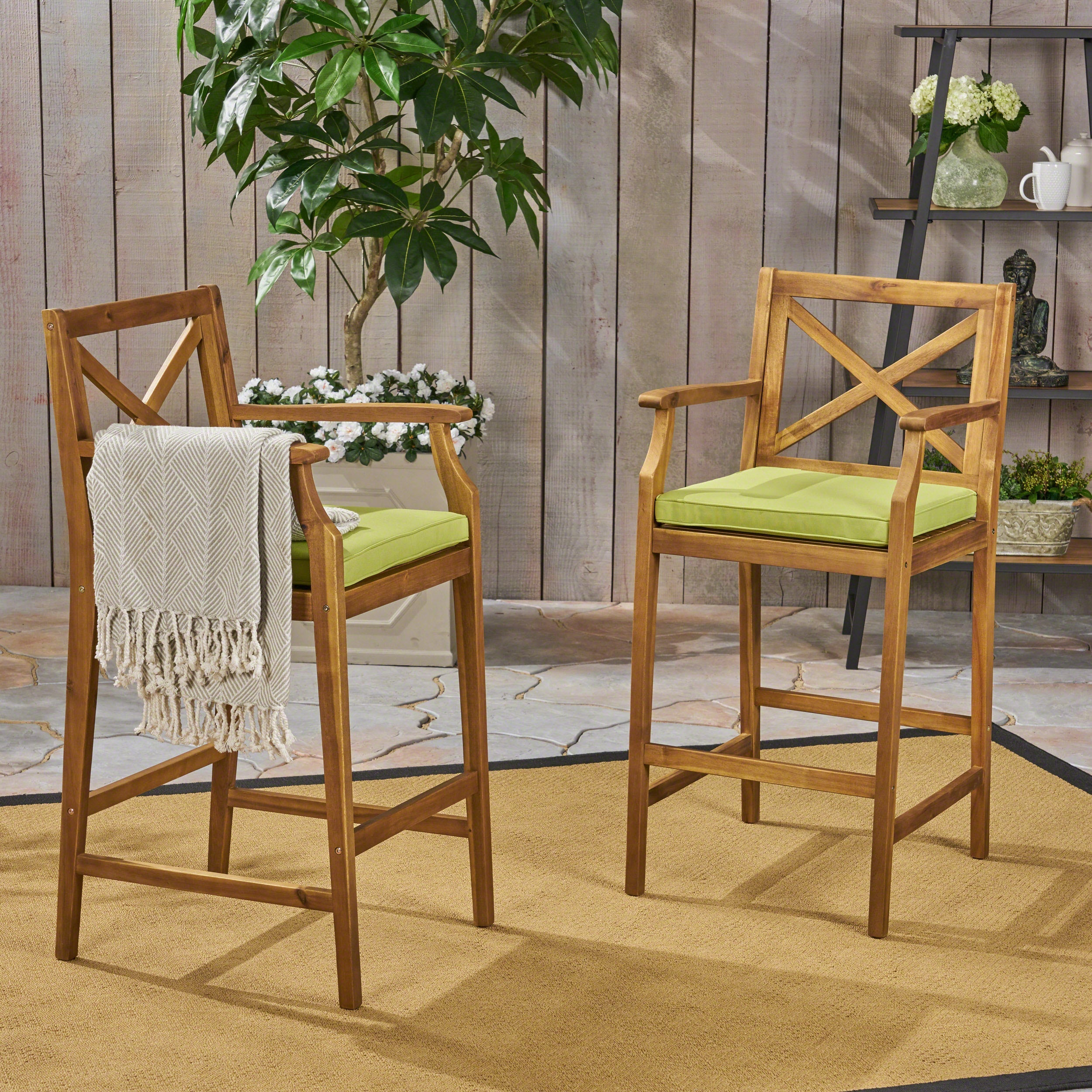 Perla Outdoor Acacia Wood Barstools, Set of 2