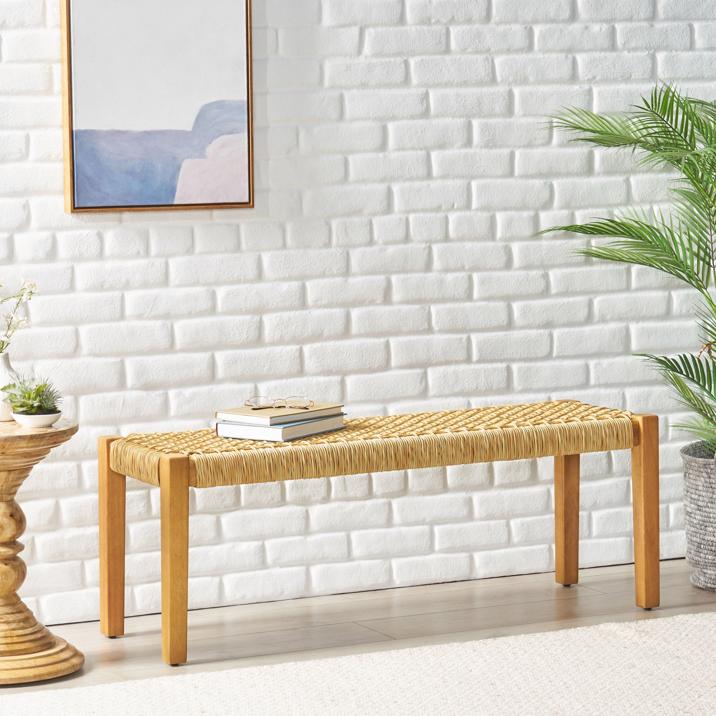Outdoor Bench with Faux Rattan Seat and Wood Frame