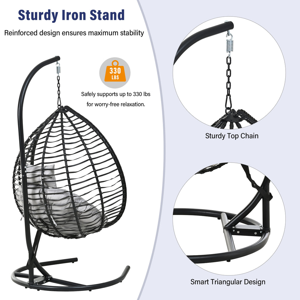 Foldable Rattan Egg Swing Chair with Iron Frame, Plush Cushion & Removable Headrest