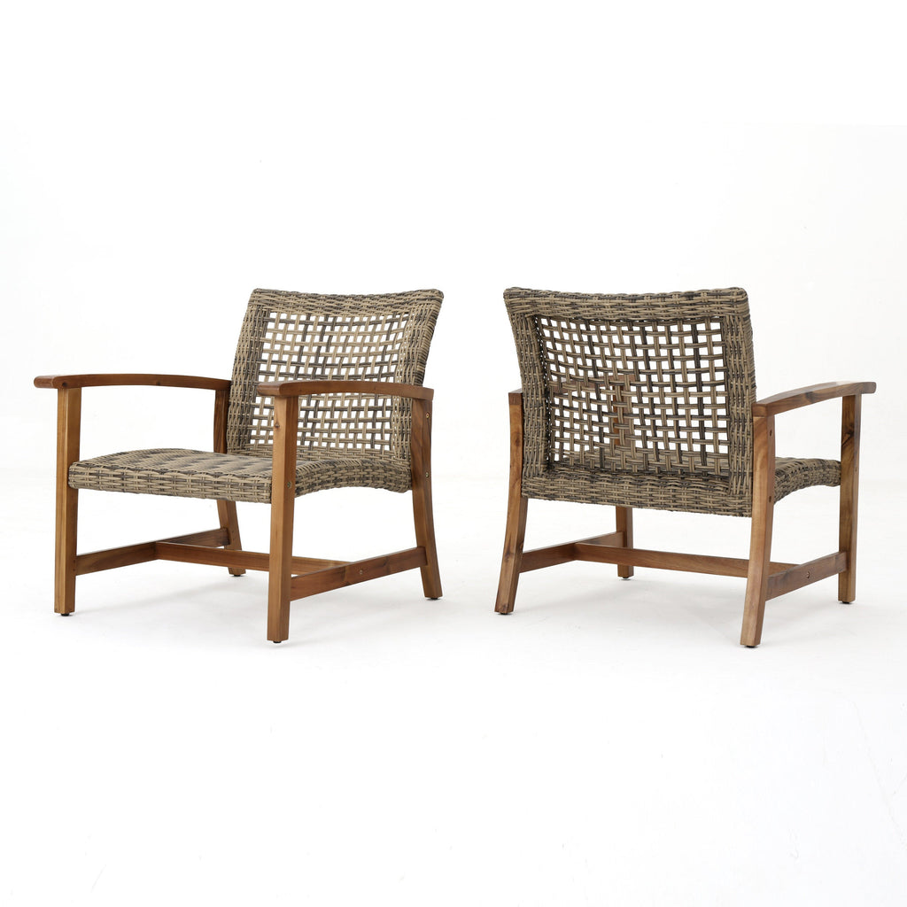 Hampton Outdoor Rattan & Acacia Wood Wicker Club Chairs, Set of 2
