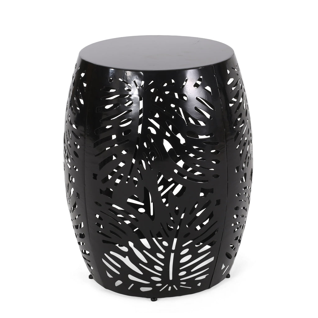 Rebirth Outdoor End Table with Tropical Palm Leaf Pattern and Iron Frame