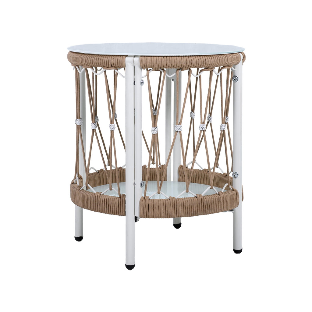 Caspian Outdoor Handwoven Rope Accent Table with Glass Top