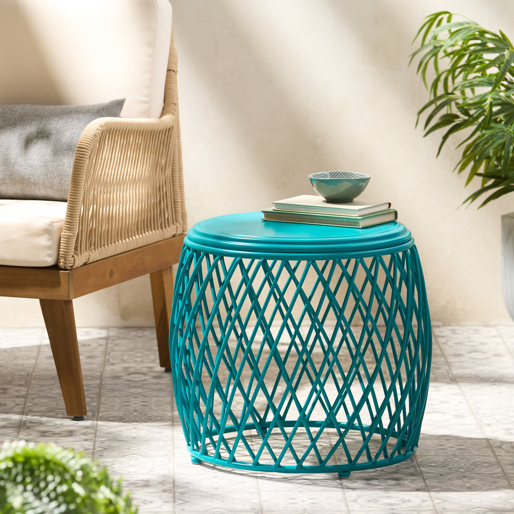 Coveted 19.75" Outdoor Cylindrical Iron Side Table with Lattice Design