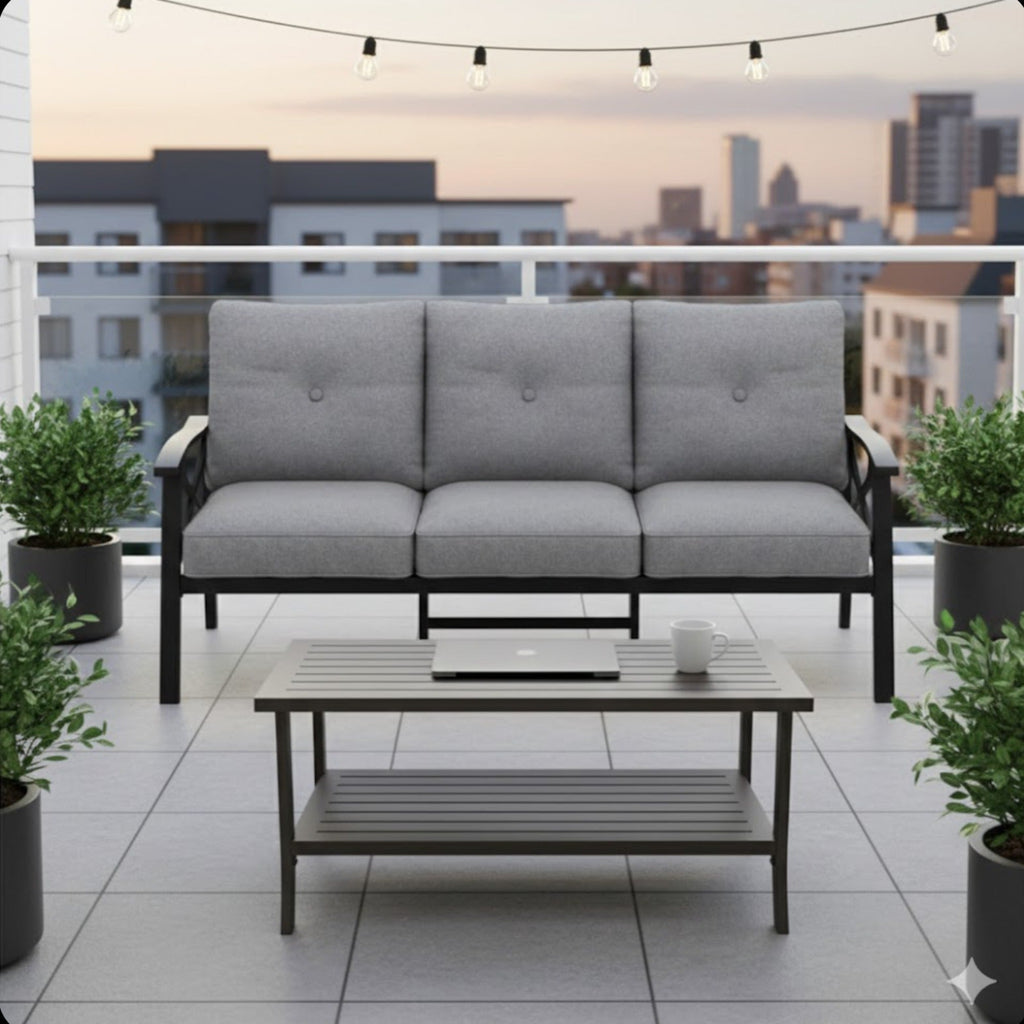 Marisol 2 Piece Outdoor Patio Set, 70" All-Weather Metal 3-Seat Sofa and Coffee Table