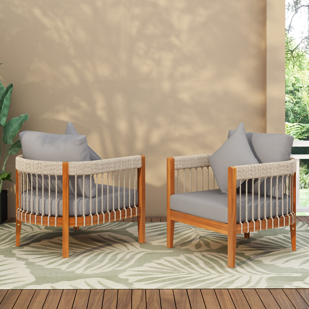 Azari Outdoor Acacia Wood Club Chair with Handwoven Rope Accents & Curved Backrest