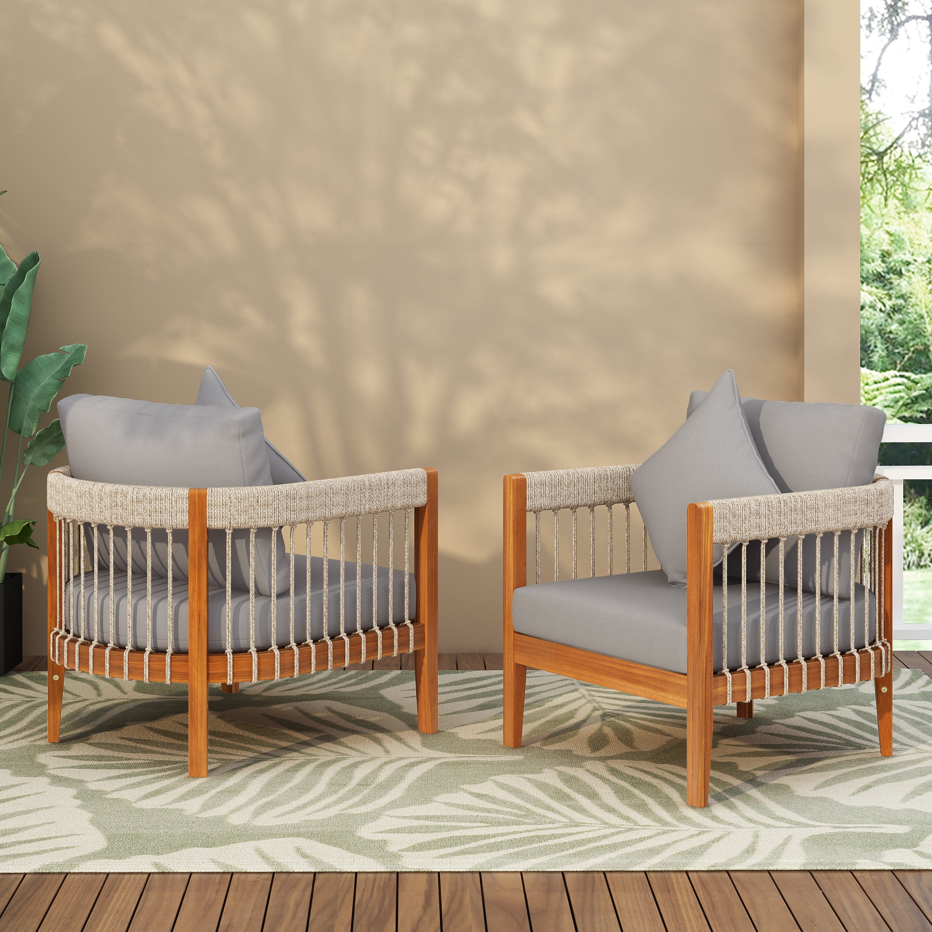 Azari Outdoor Acacia Wood Club Chair with Handwoven Rope Accents & Curved Backrest
