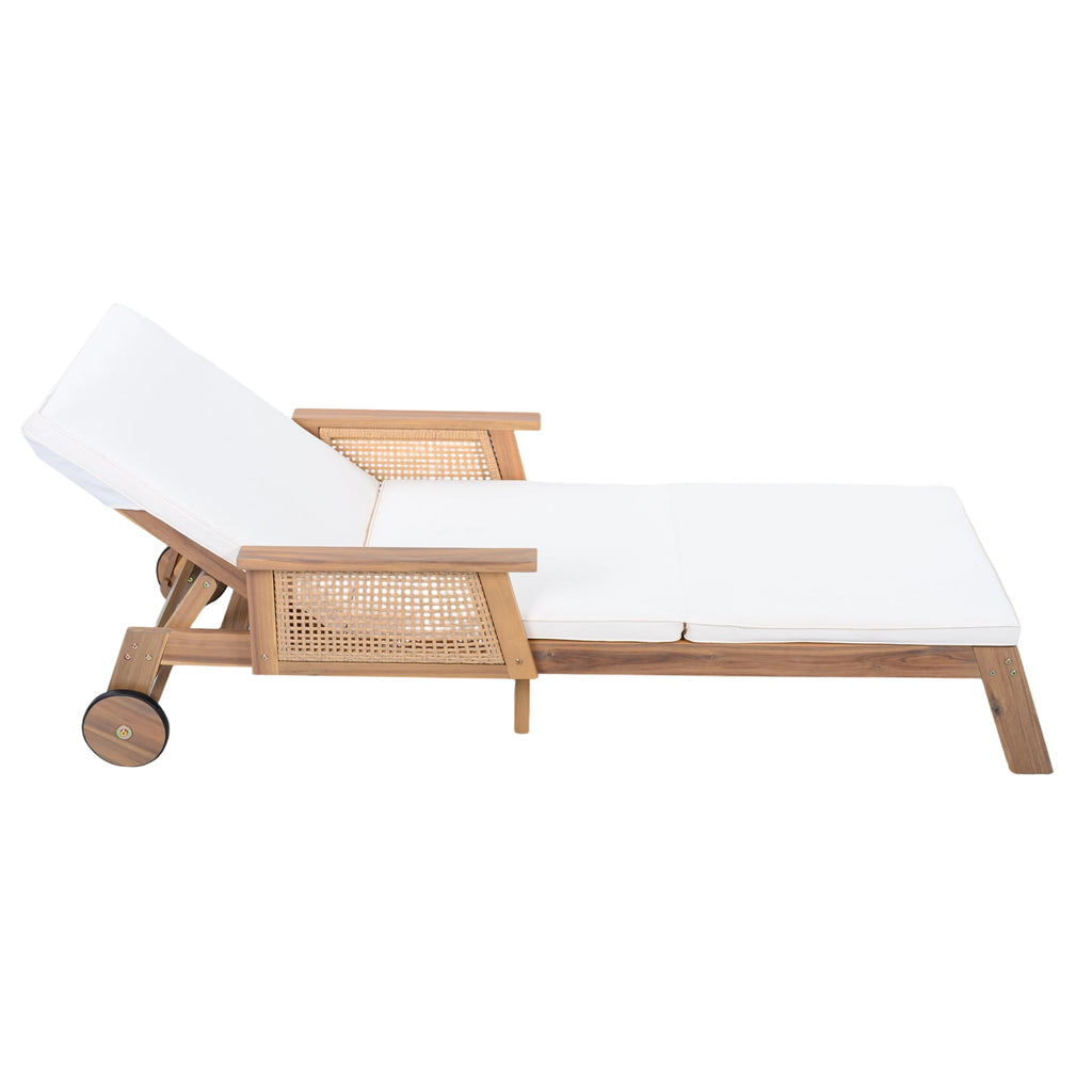 Retro Acacia Wood Outdoor Sunlounge with Wheels & 3-Position Backrest