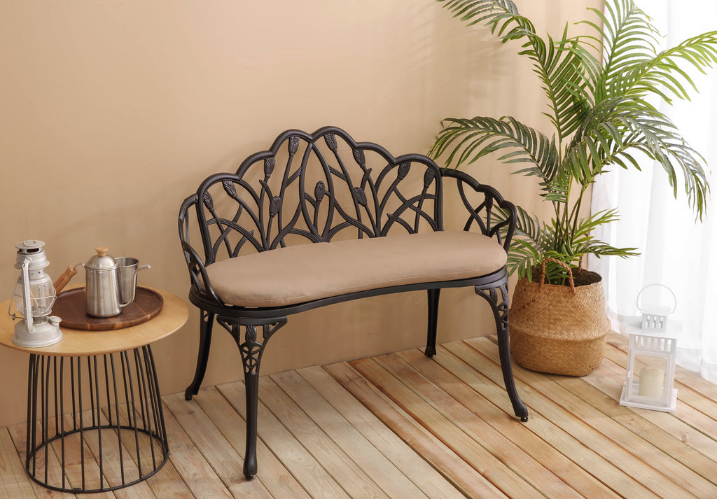 Tulip Cast Aluminum Garden Bench with cushion