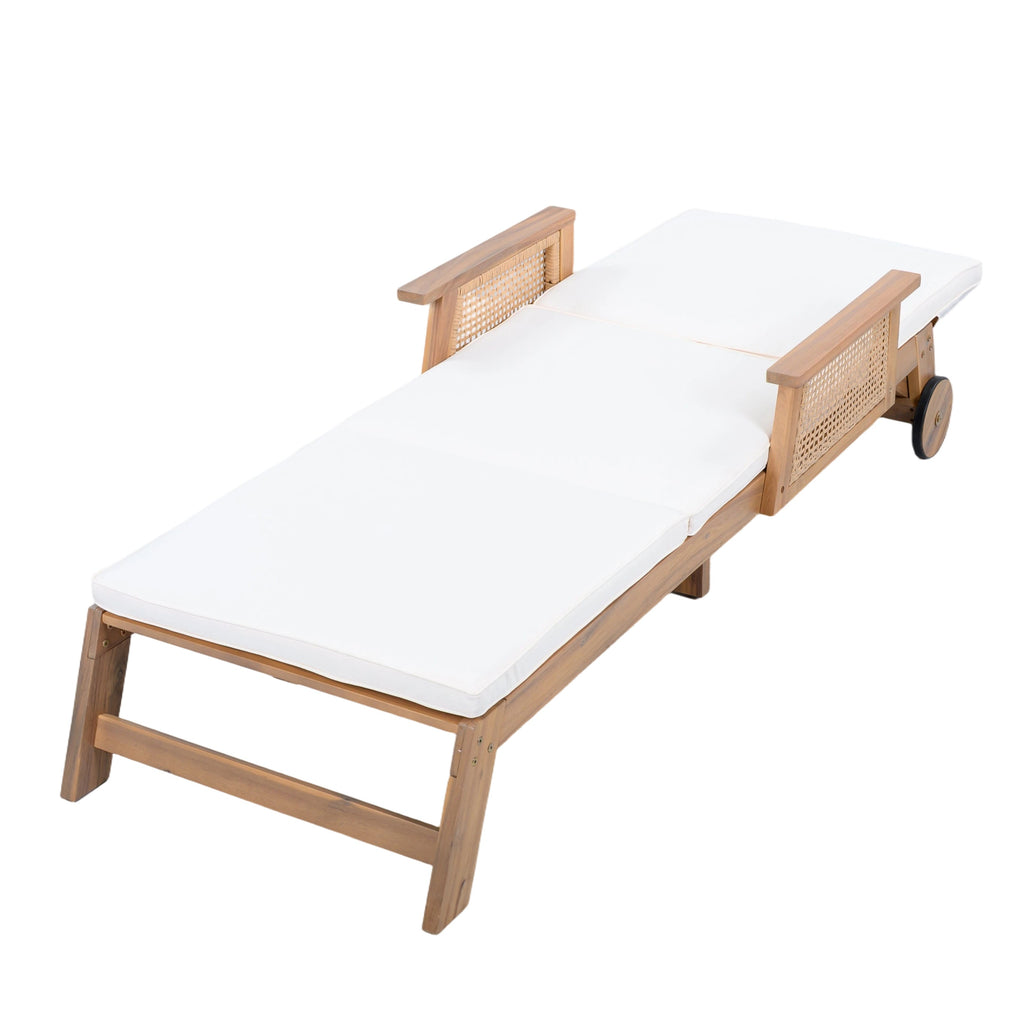 Retro Acacia Wood Outdoor Sunlounge with Wheels & 3-Position Backrest