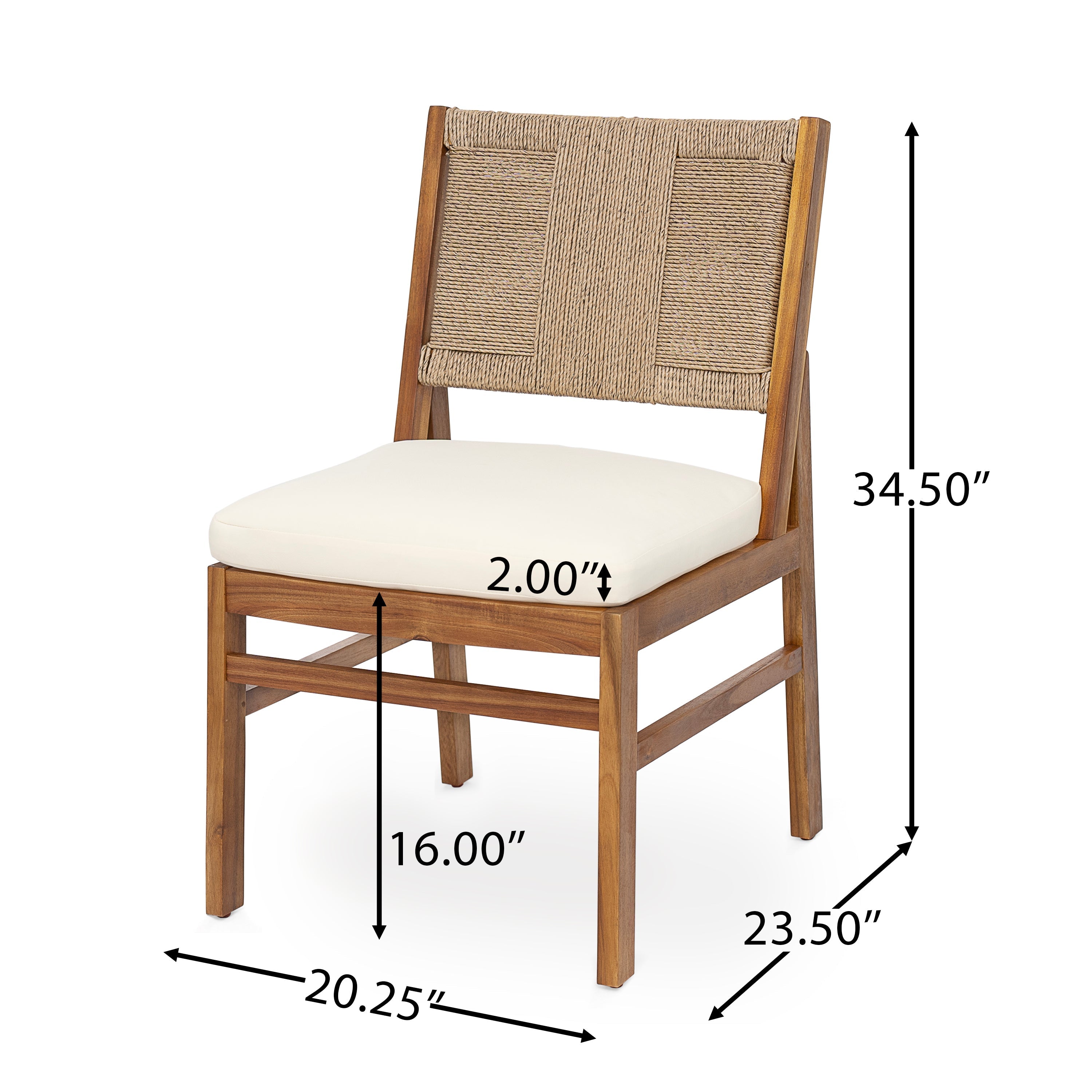 Monica Outdoor Wood and Wicker Woven Dining Chair with Cushions, Set of 2