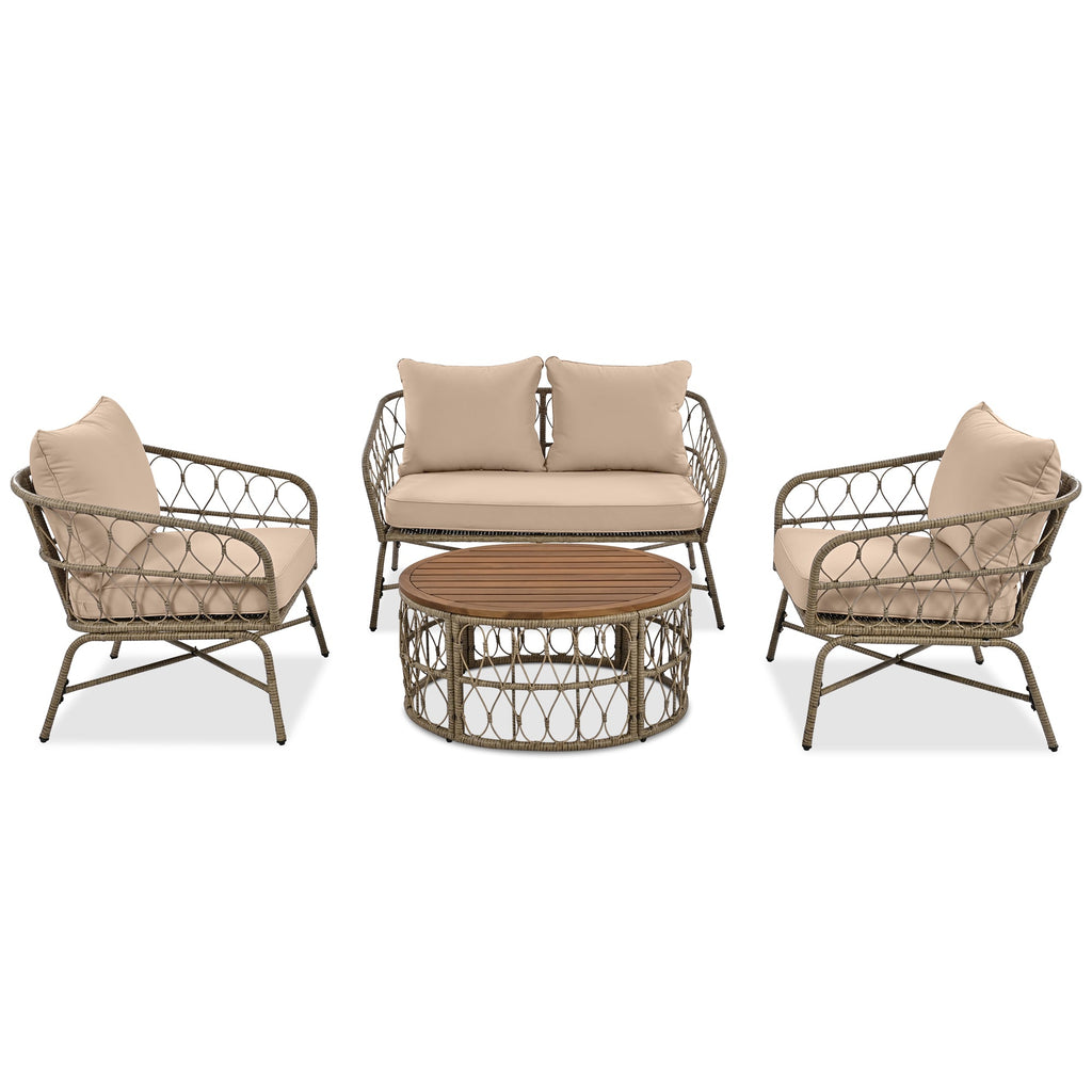 4-Piece Outdoor Sofa Set with Woven Wicker Design and Wood Table Top