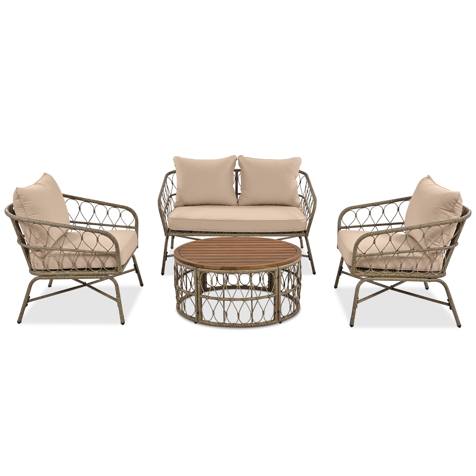 4-Piece Outdoor Sofa Set with Woven Wicker Design and Wood Table Top