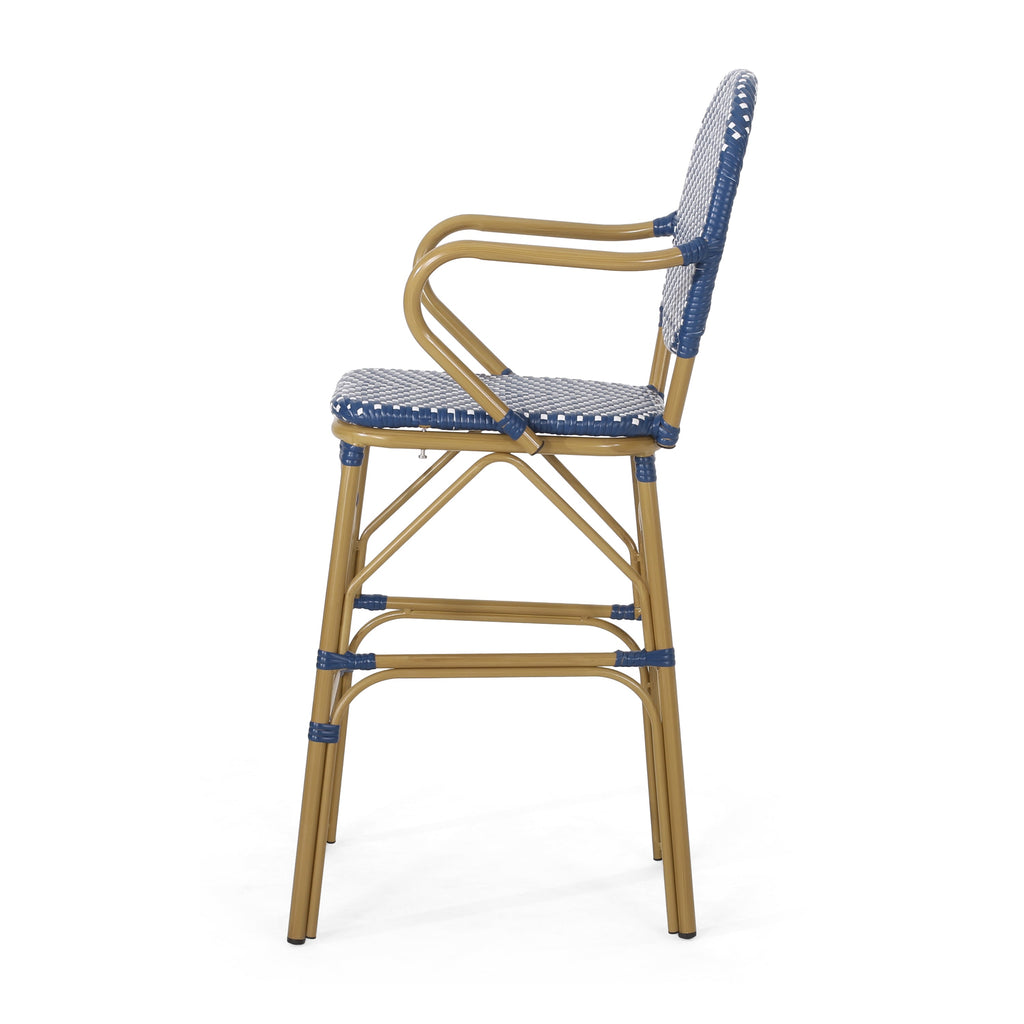 Valorous Outdoor Wicker Bar Stool with Round Back and Curved Arms, Set of 2