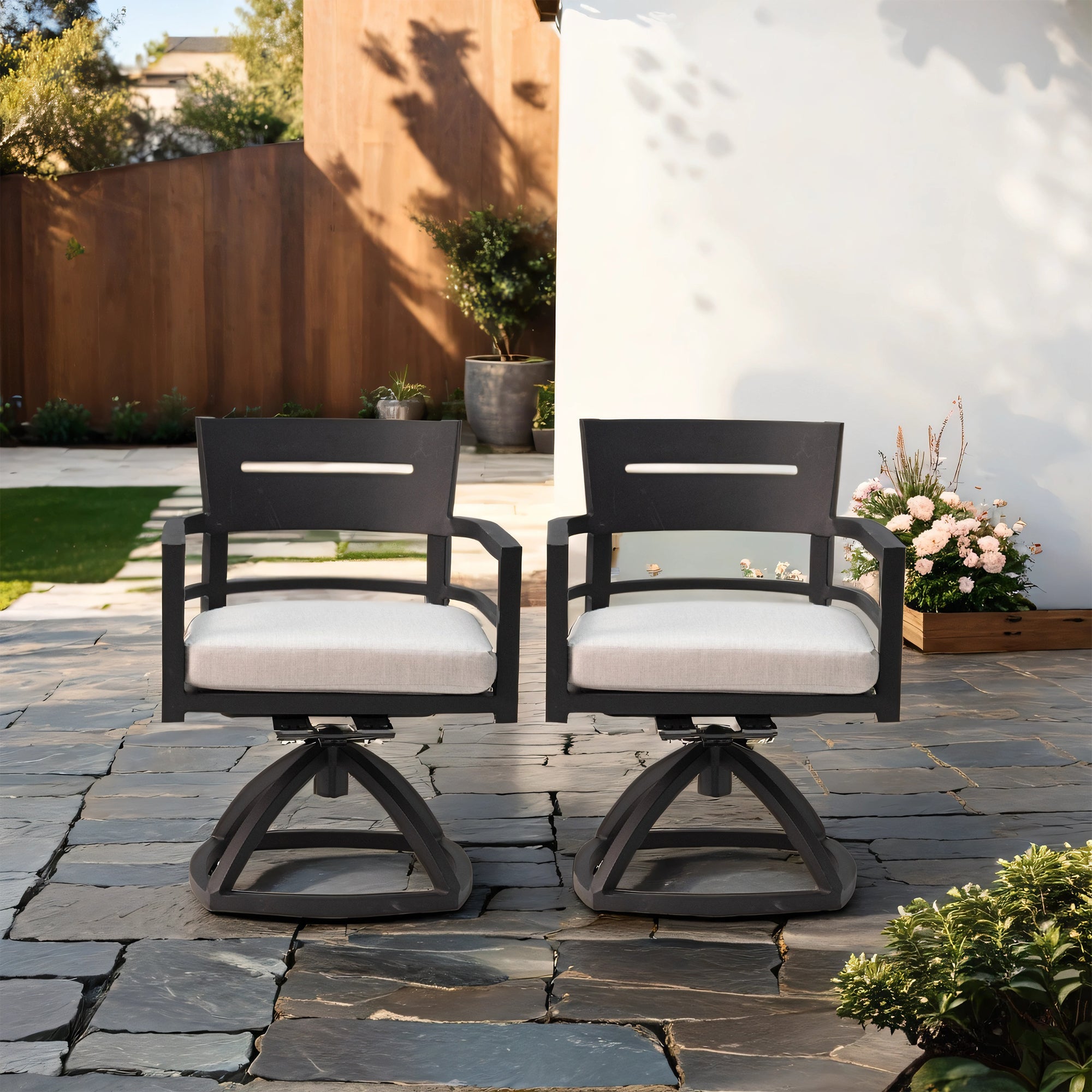 Outdoor Swivel Chair with Seat Cushion and Curved Backrest, Set of 2