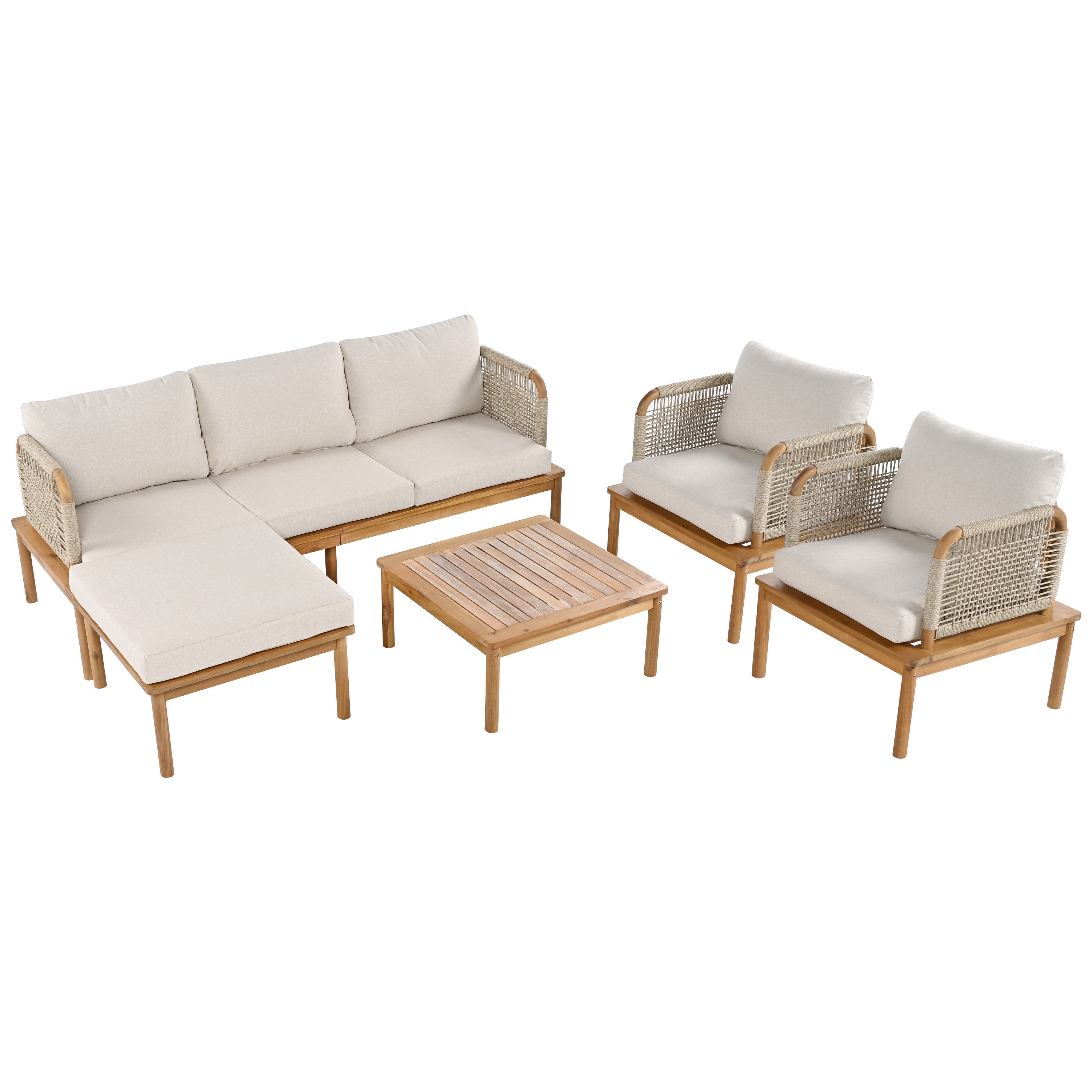 Isola Outdoor 5 Piece Acacia Wood and Rope Patio Sofa Set