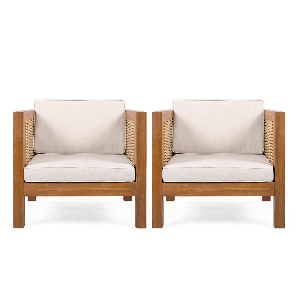 Outdoor Acacia Wood Outdoor Club Chair with Wicker Armrest and Beige Cushions