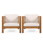 Outdoor Acacia Wood Outdoor Club Chair with Wicker Armrest and Beige Cushions