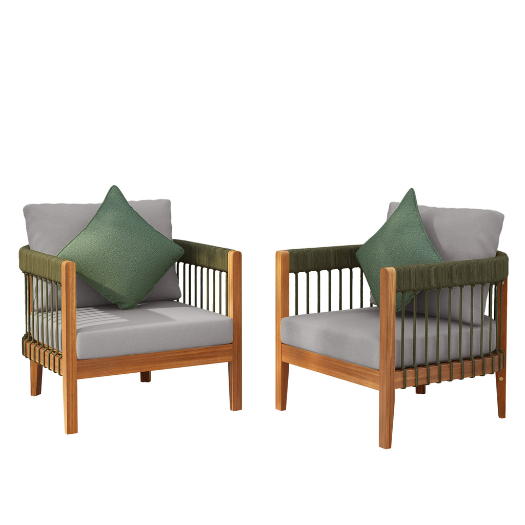 Azari Outdoor Acacia Wood Club Chair with Handwoven Rope Accents & Curved Backrest