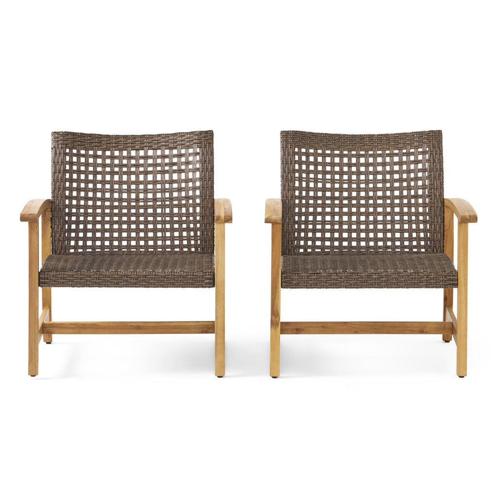 Hampton Outdoor Rattan & Acacia Wood Wicker Club Chairs, Set of 2