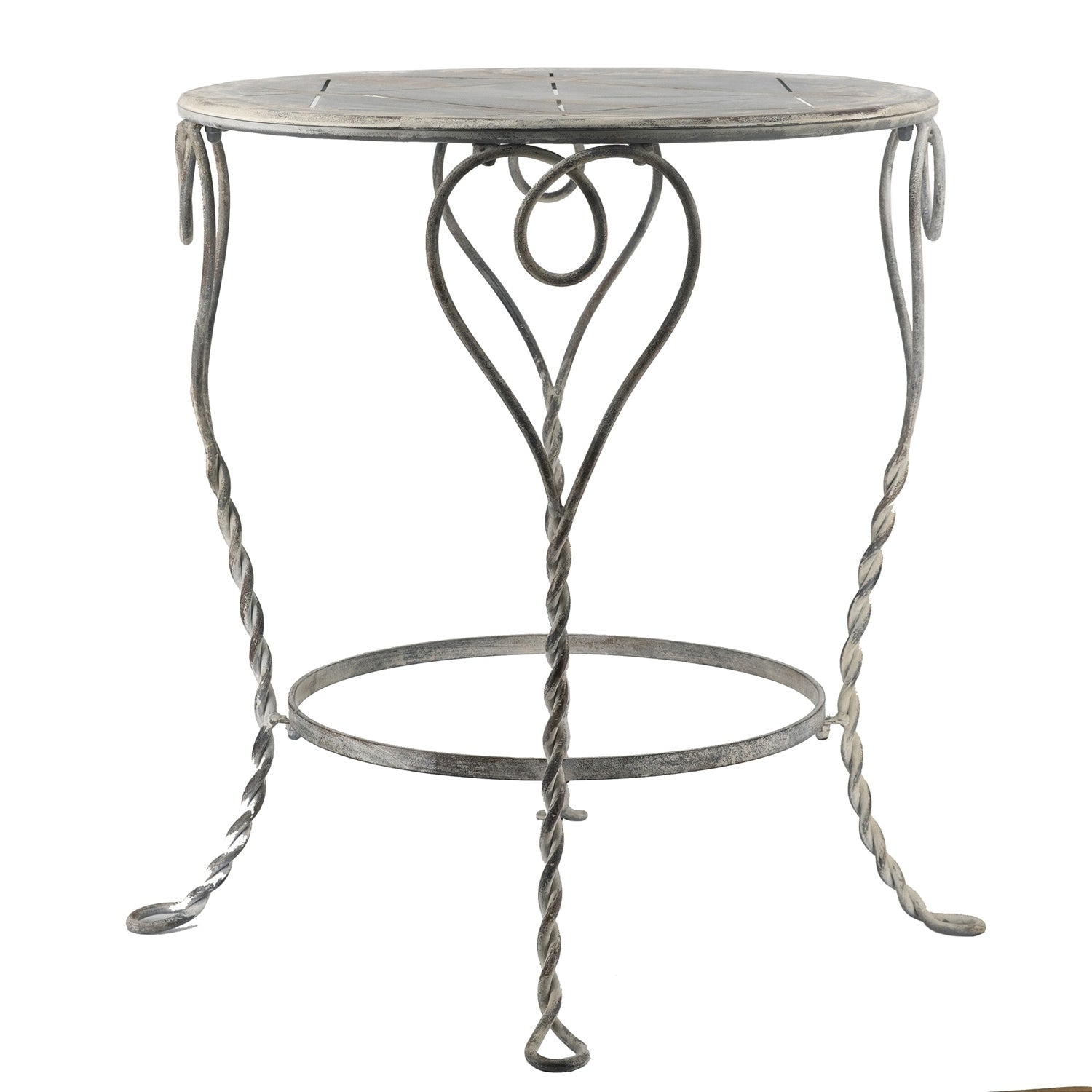 Distressed Silver Finish Heart Iron French Country Round Side Table