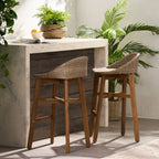 Beeson Outdoor Wicker and Acacia Wood Barstools, Set of 2