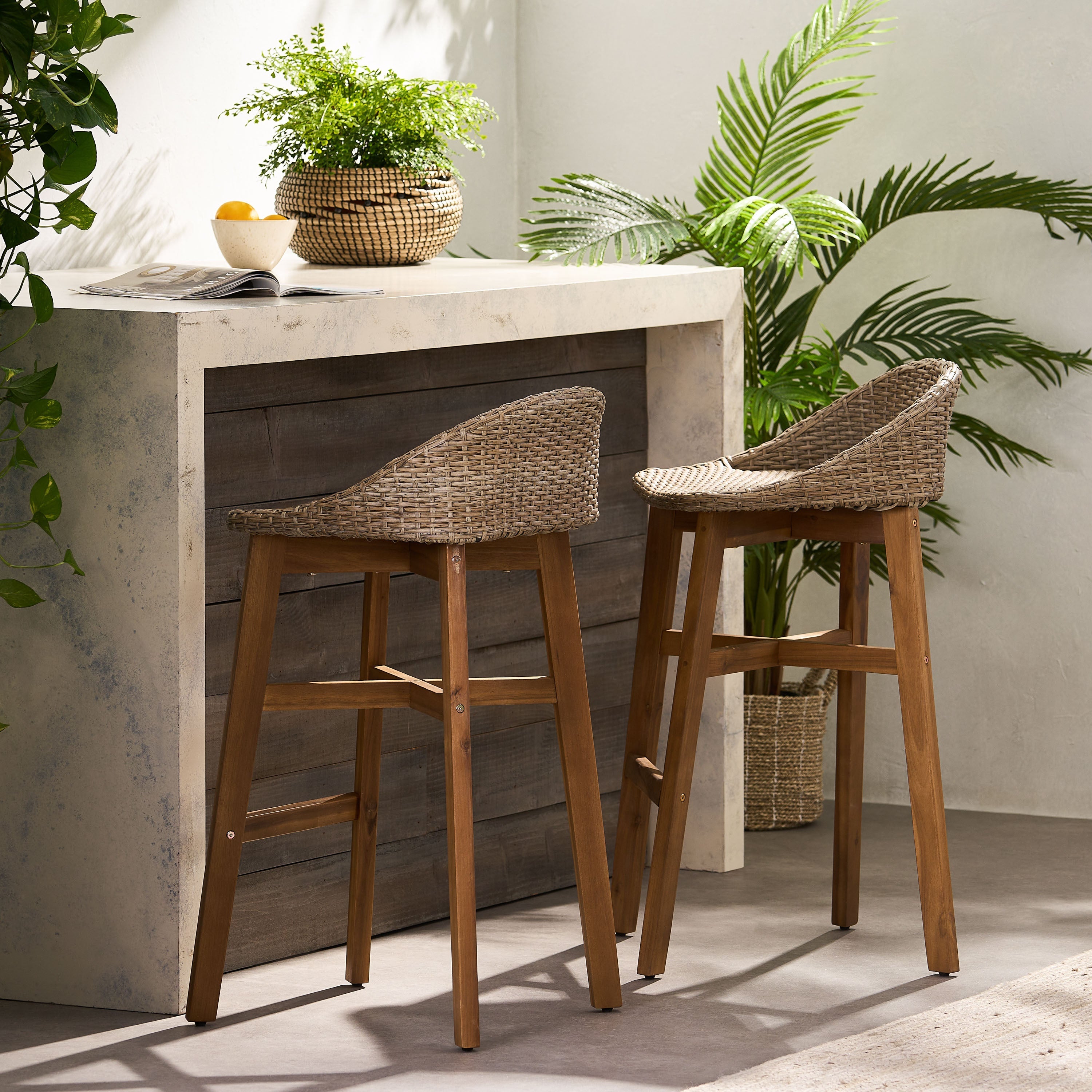 Beeson Outdoor Wicker and Acacia Wood Barstools, Set of 2