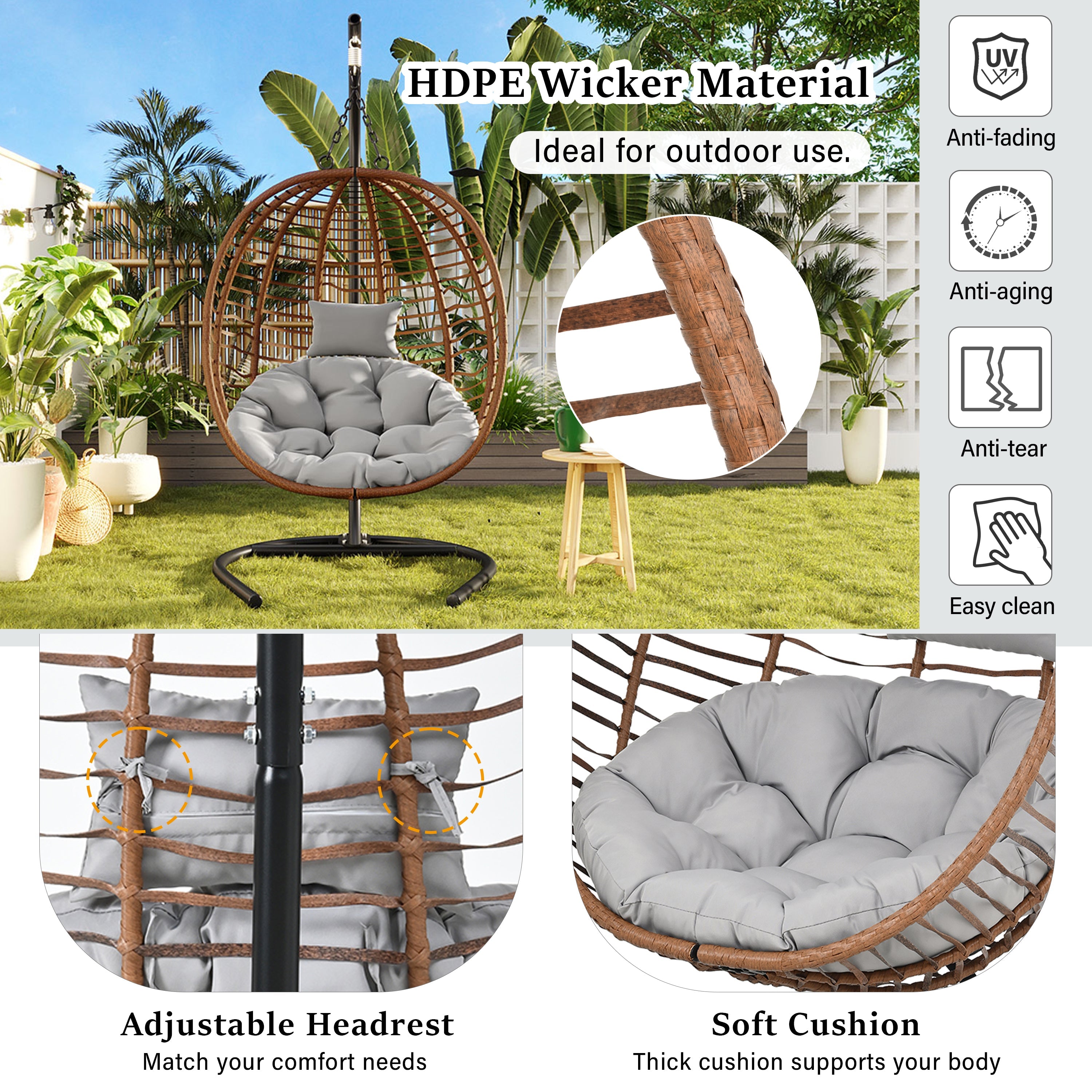 Folding Hanging Swinging Egg Chair with Stand & Tufted Cushion