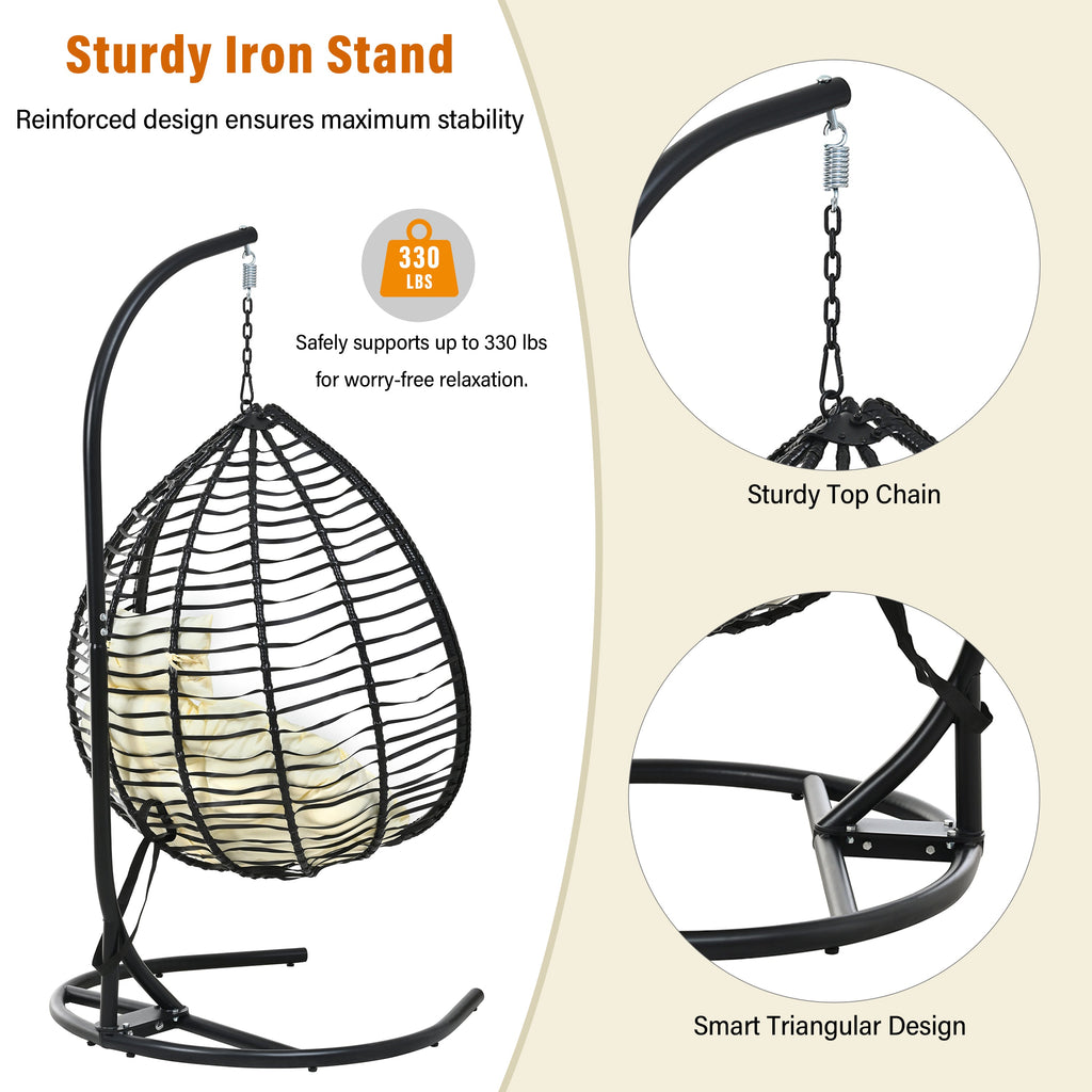 Foldable Rattan Egg Swing Chair with Iron Frame, Plush Cushion & Removable Headrest