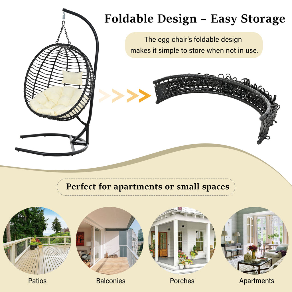 Folding Hanging Swinging Egg Chair with Stand & Tufted Cushion