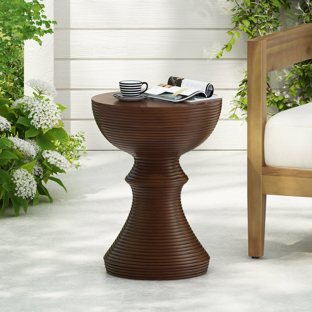Outdoor Ribbed Concrete Side Table with Hourglass Design