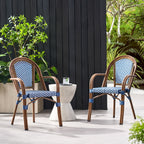 Crowned Wicker Bistro Chair with Checkered Pattern and Curved Arms, Set of 2