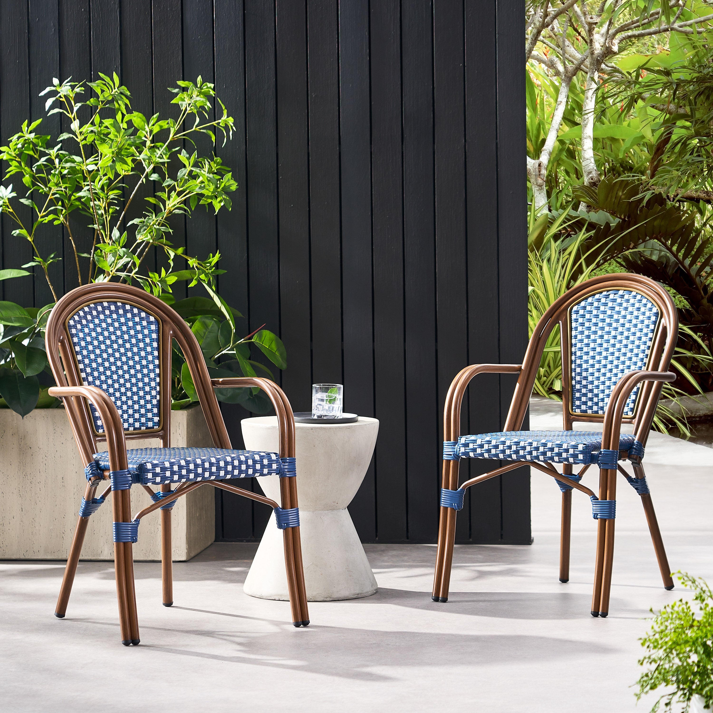 Crowned Wicker Bistro Chair with Checkered Pattern and Curved Arms, Set of 2