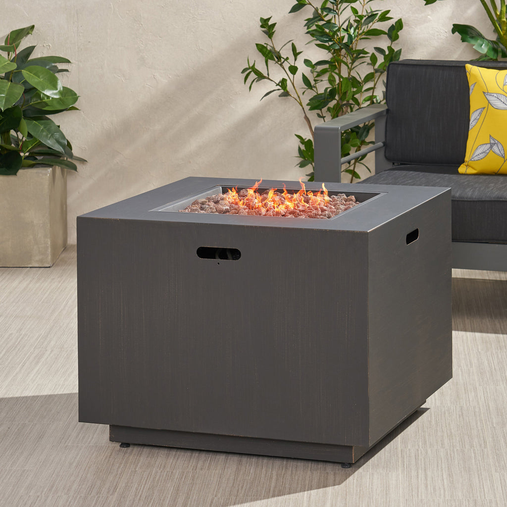 33" Outdoor Iron Square Propane Fire Pit, Tank Inside, 50,000 BTU