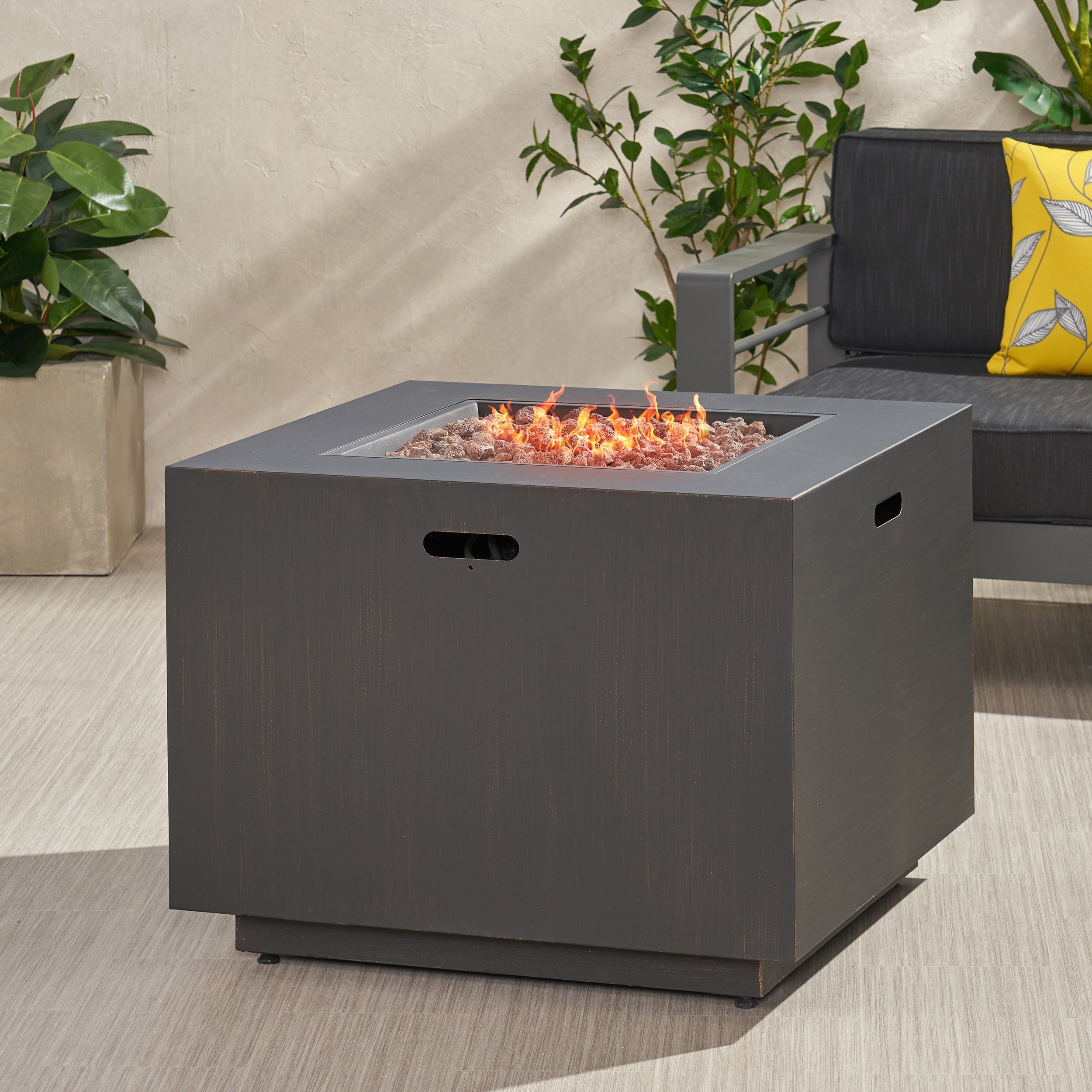 33" Outdoor Iron Square Propane Fire Pit, Tank Inside, 50,000 BTU