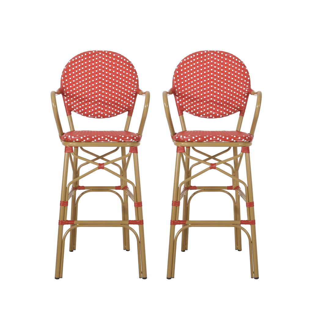 Valorous Outdoor Wicker Bar Stool with Round Back and Curved Arms, Set of 2