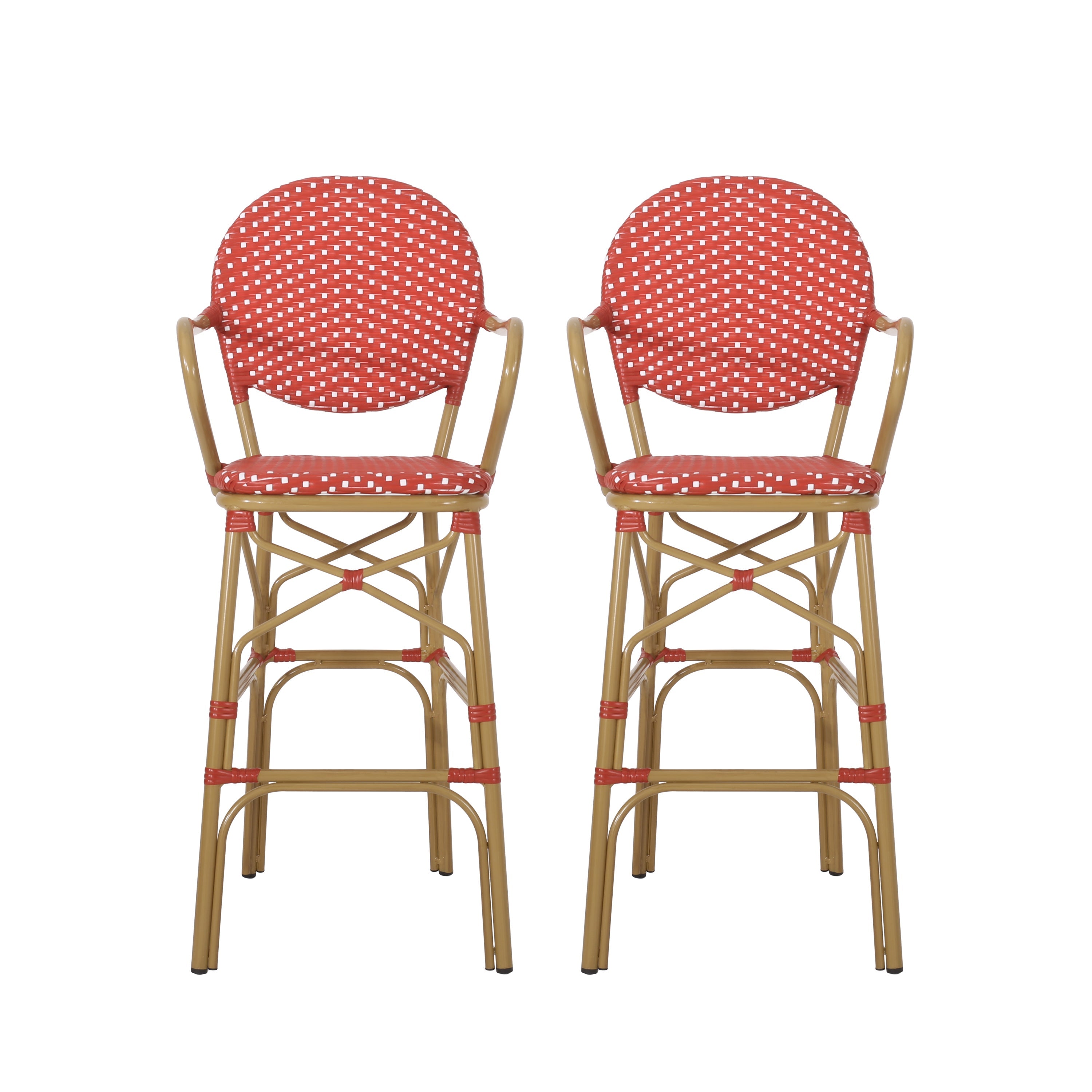 Valorous Outdoor Wicker Bar Stool with Round Back and Curved Arms, Set of 2
