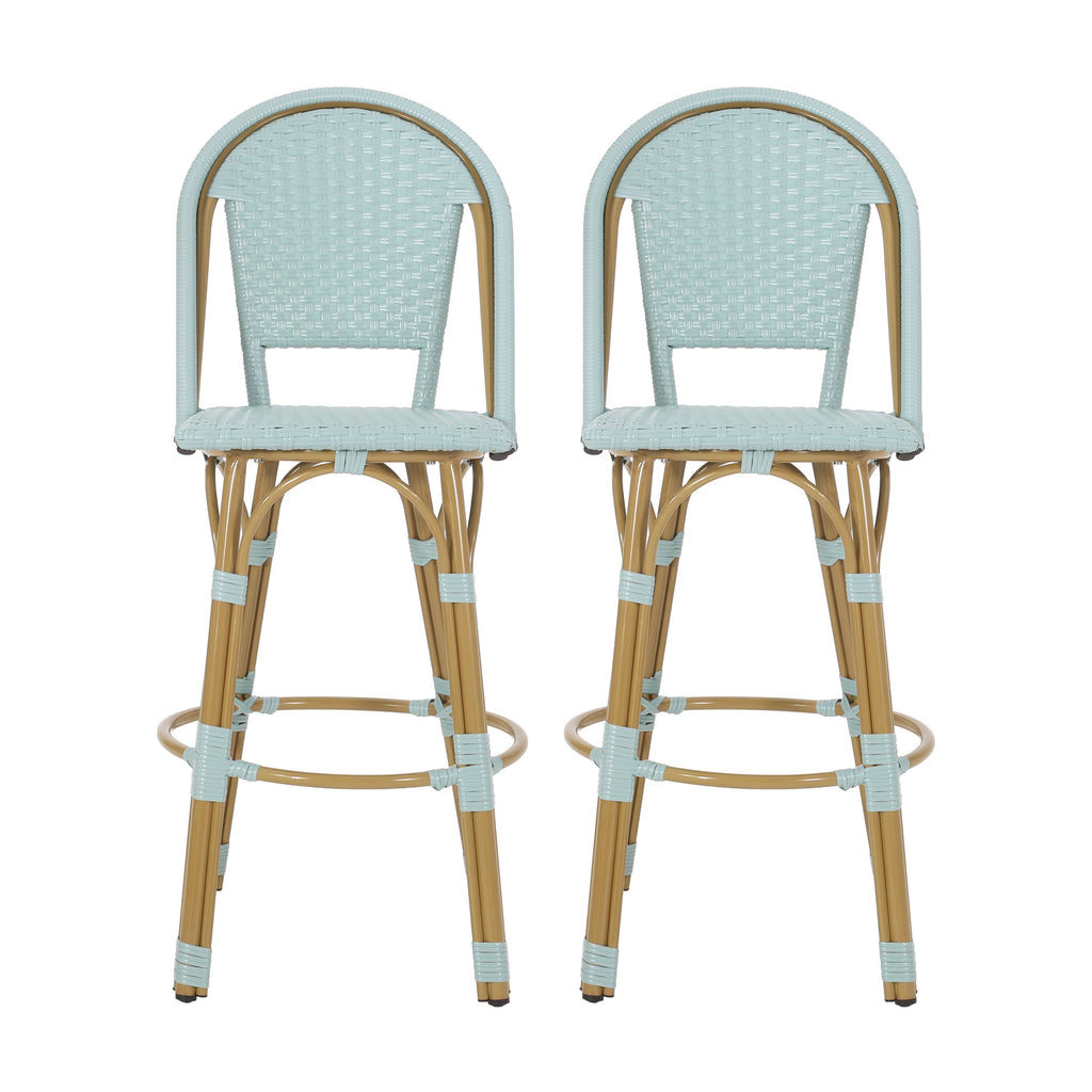 Callisto 29.5" Outdoor Rattan and Aluminum Bar Stool with Curved Back and Footrest