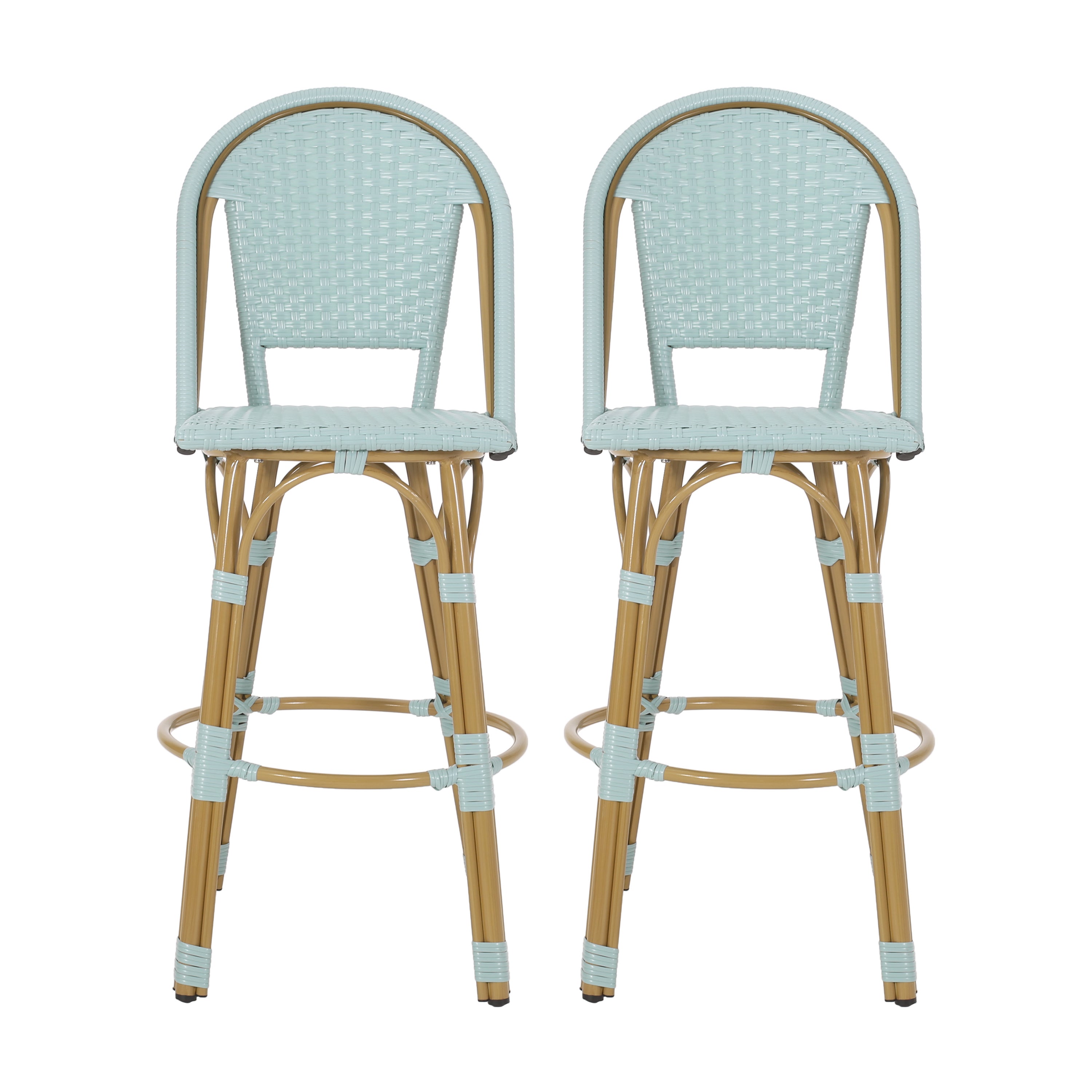 Callisto 29.5" Outdoor Rattan and Aluminum Bar Stool with Curved Back and Footrest
