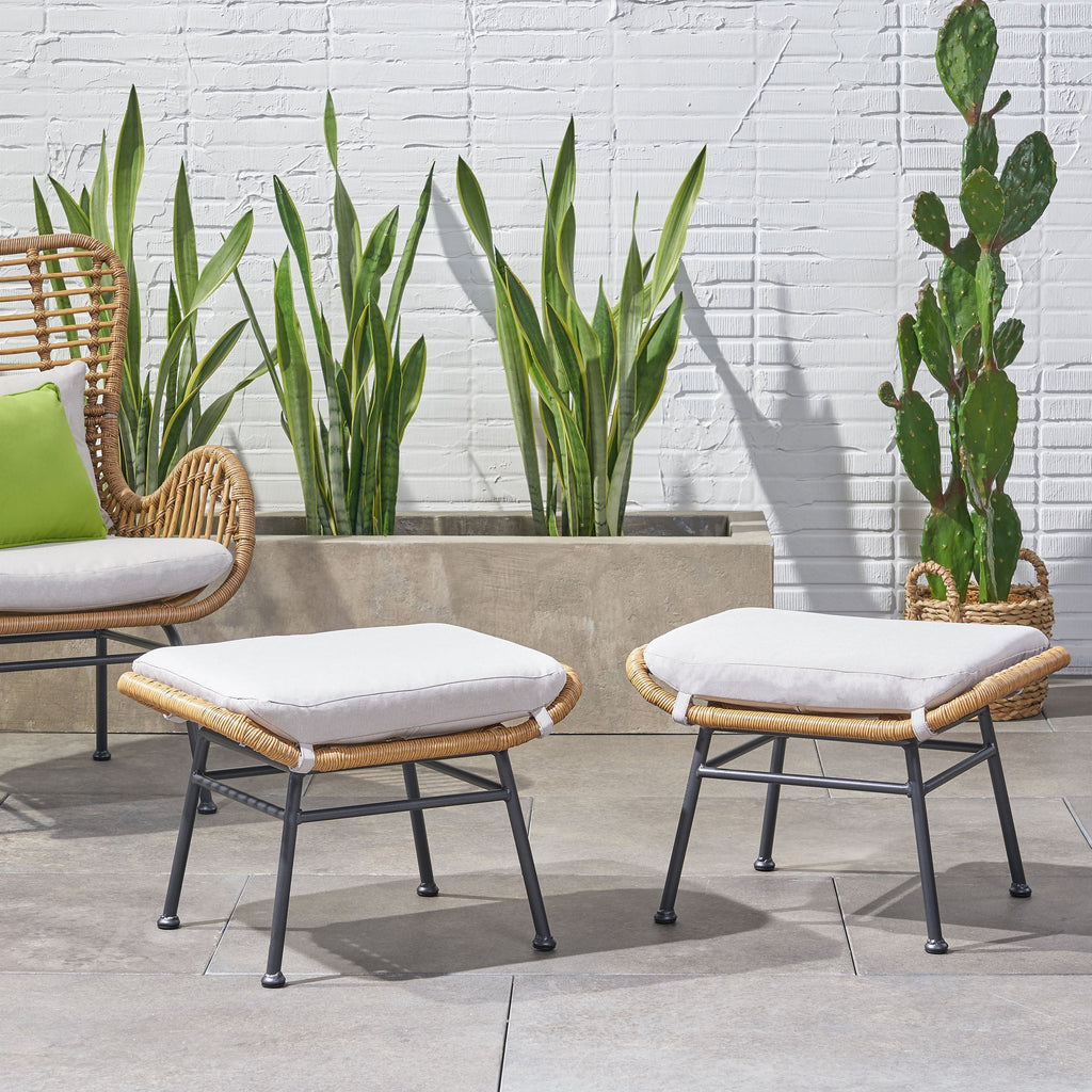 Cordella Outdoor Modern Boho Wicker Ottoman with Cushions, Set of 2