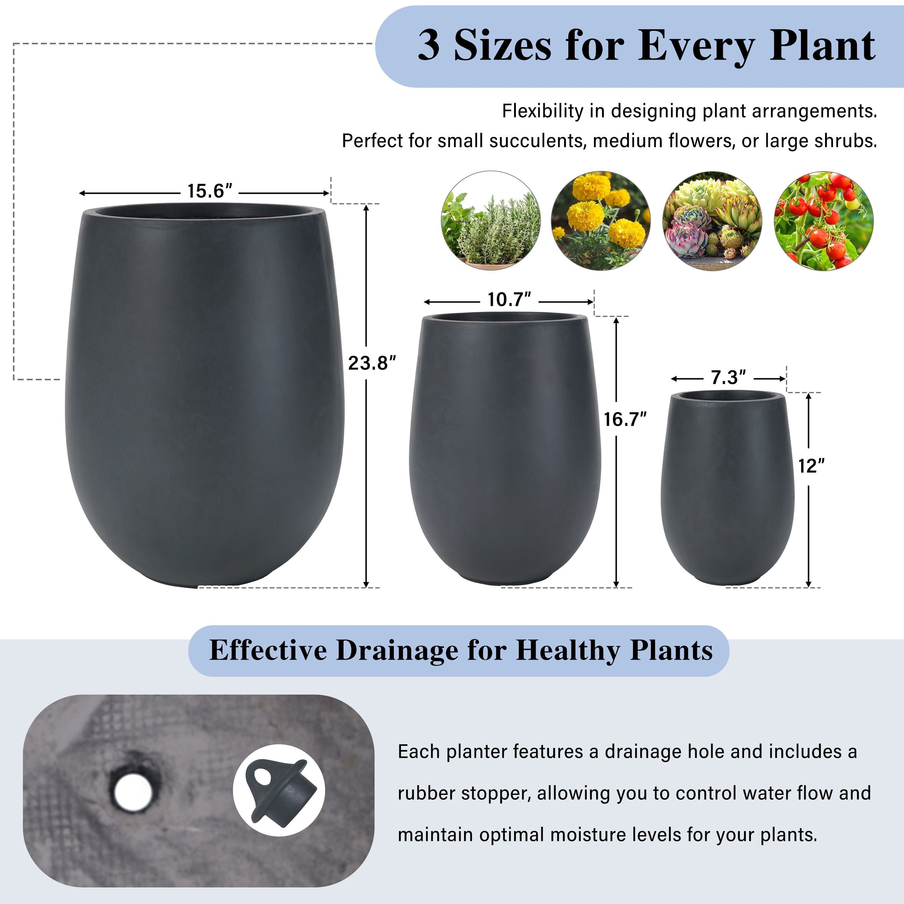 Egg Shaped Lightweight Outdoor Planter, Set of 3