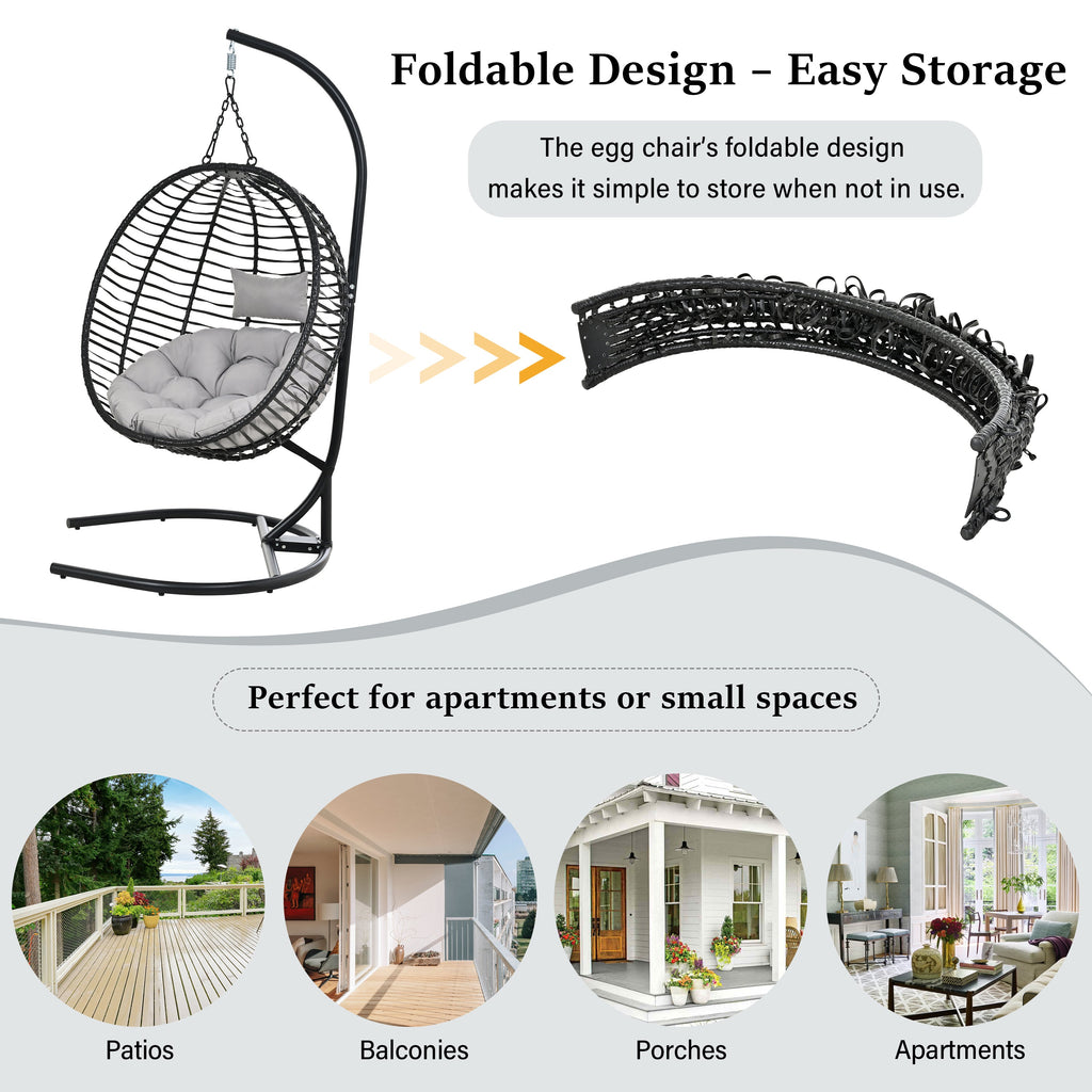 Folding Hanging Swinging Egg Chair with Stand & Tufted Cushion
