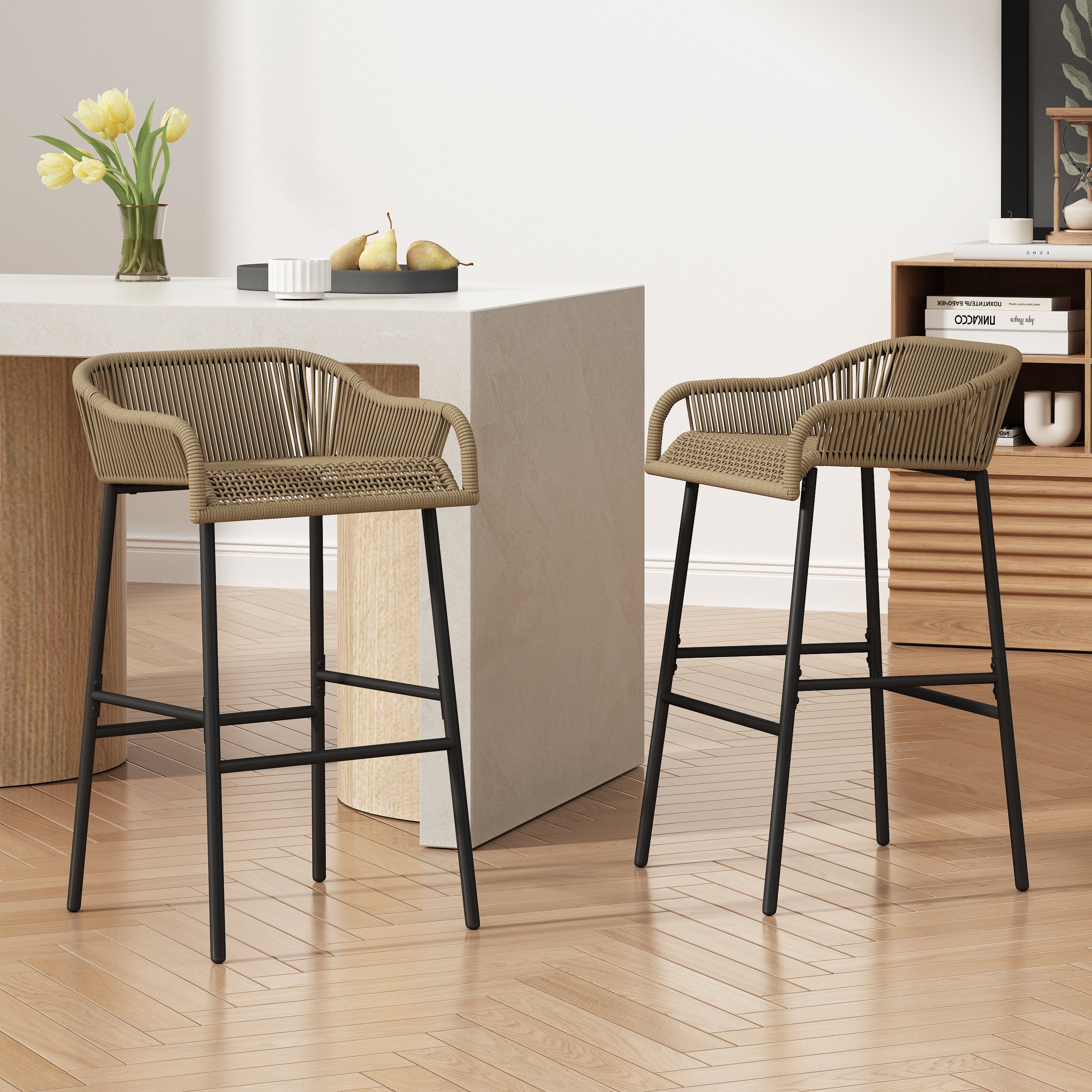 Outdoor Rope Bar Stool with Low Back and Iron Frame, Set of 2