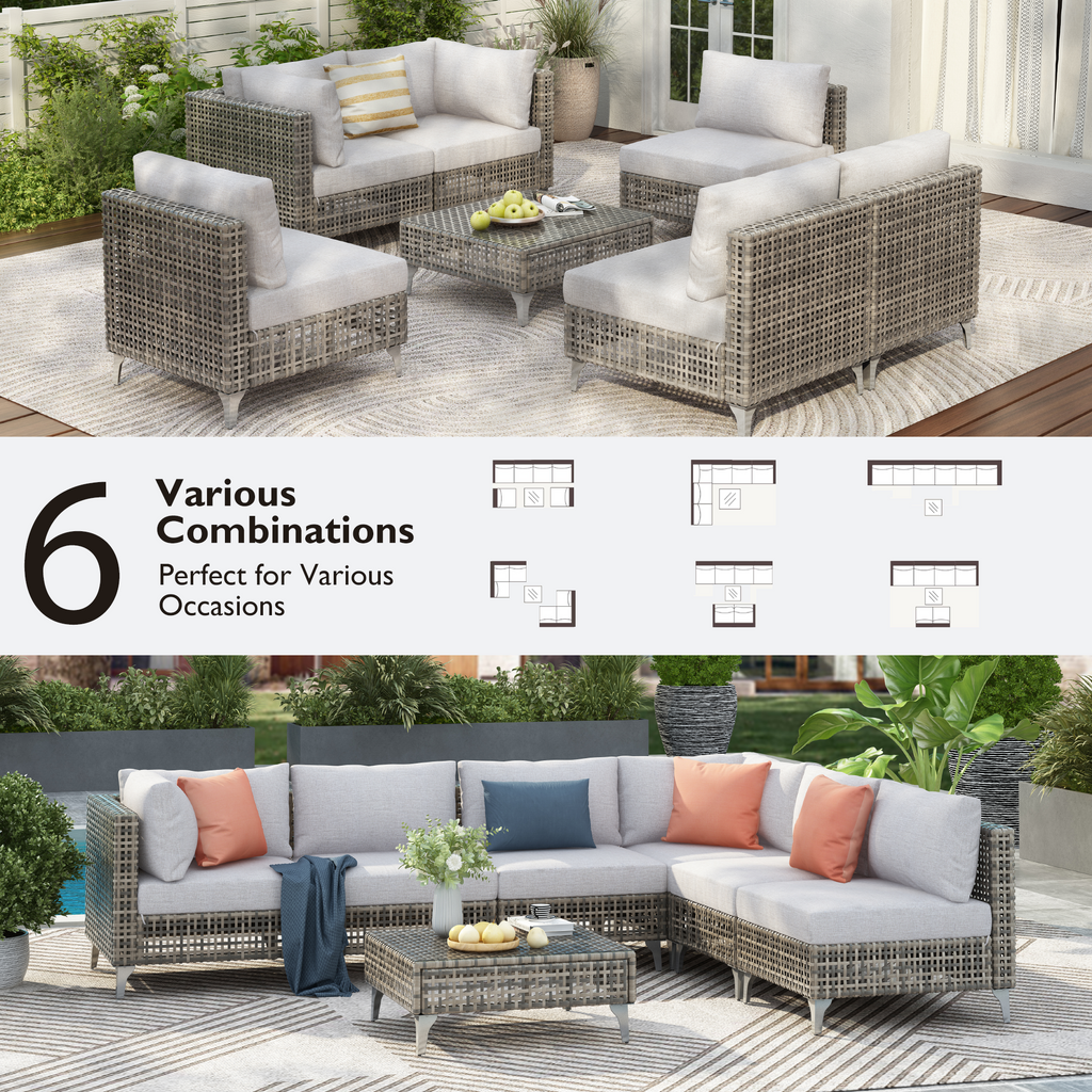 7-Piece Outdoor Wicker Sectional Sofa with Water Resistant Cushions and Coffee Table