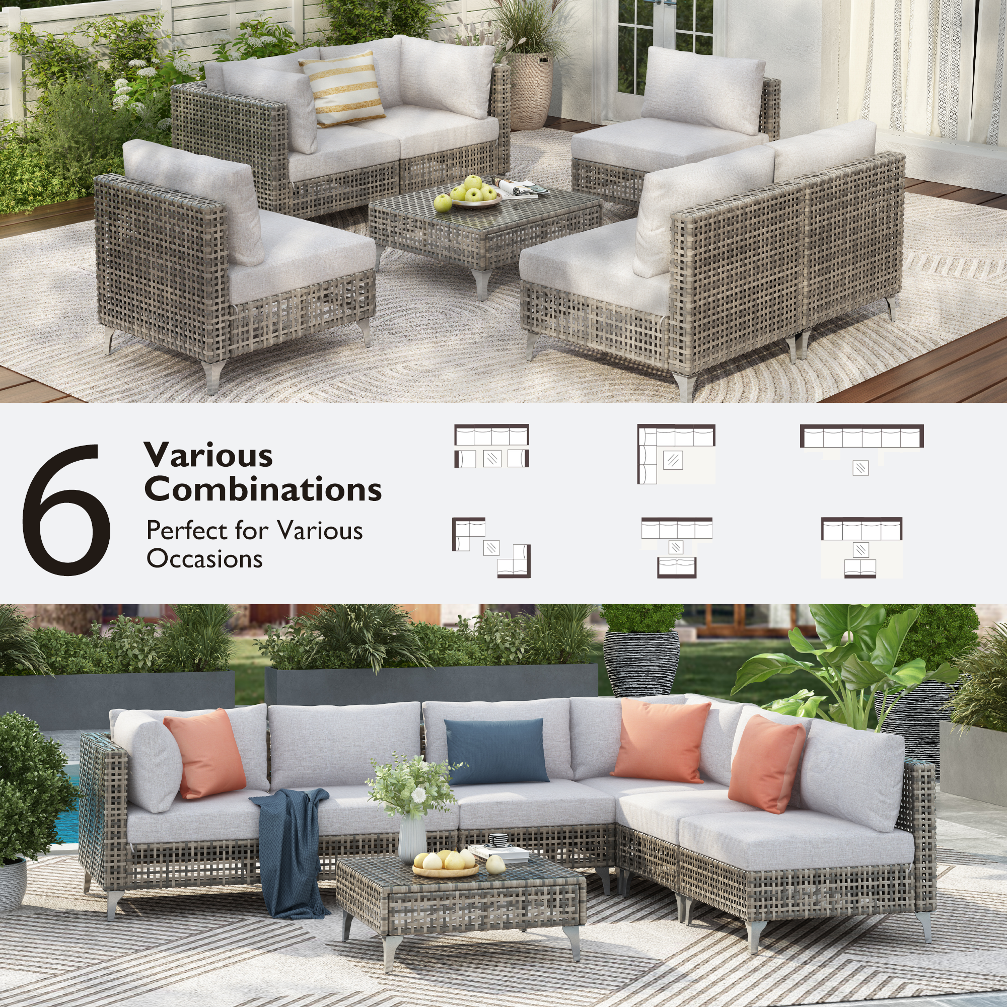 7-Piece Outdoor Wicker Sectional Sofa with Water Resistant Cushions and Coffee Table